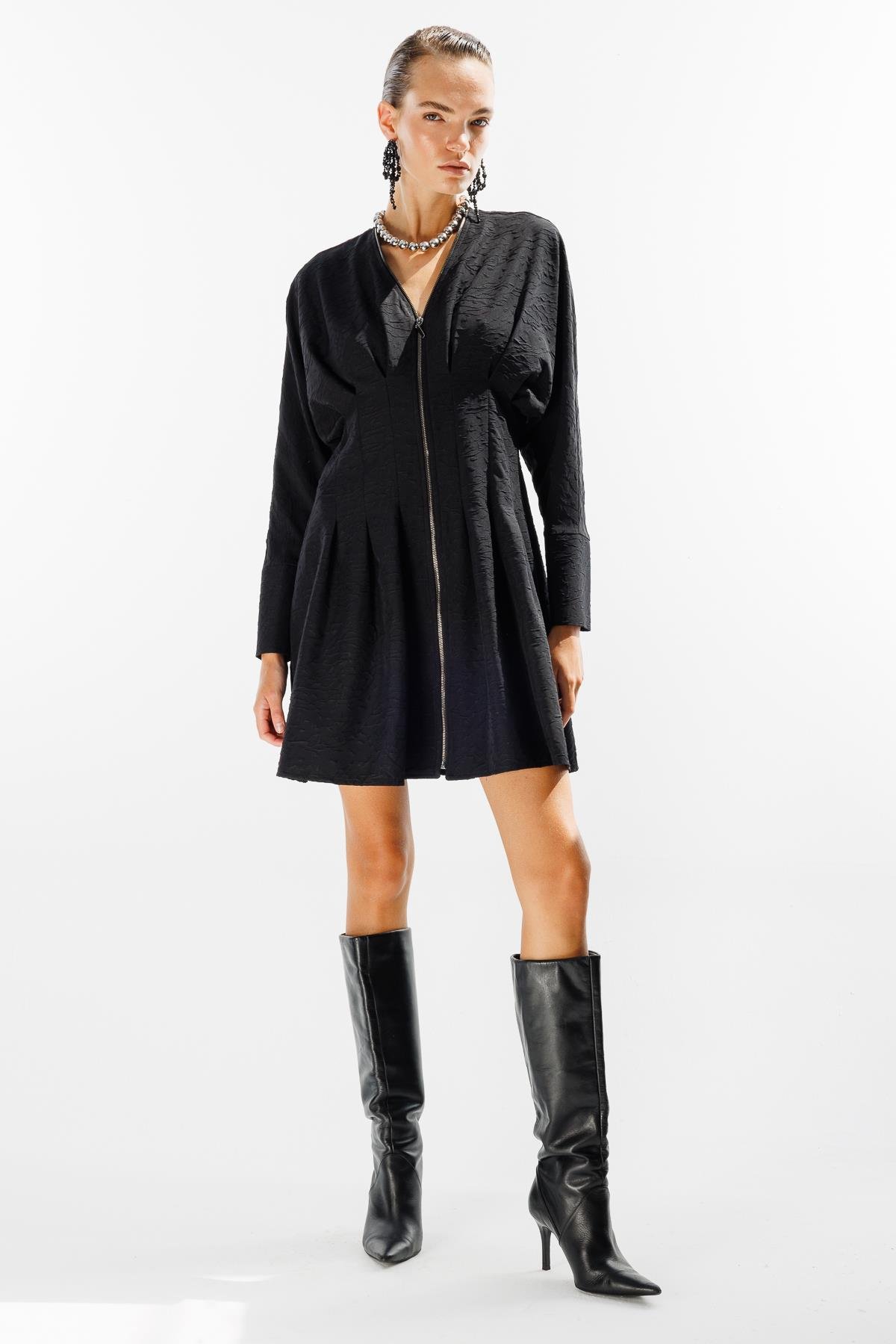 Pensli Fermuarlı Elbise-SİYAH