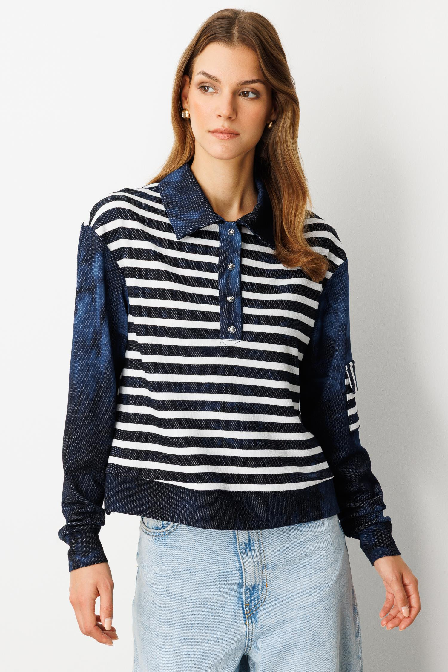 Polo Yaka Batik Örme Bluz-LACI