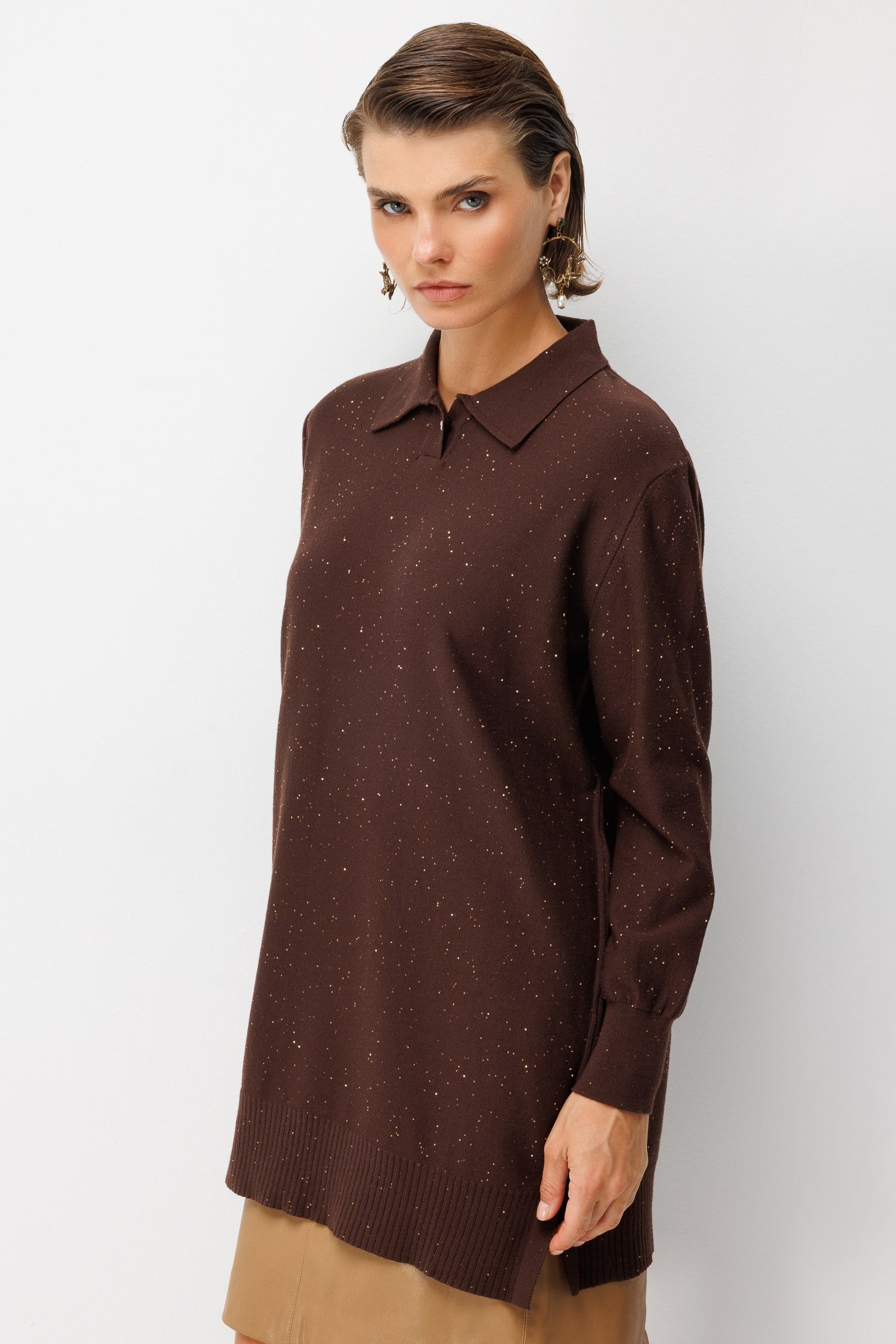 Polo Yaka Triko Tunik-KAHVE