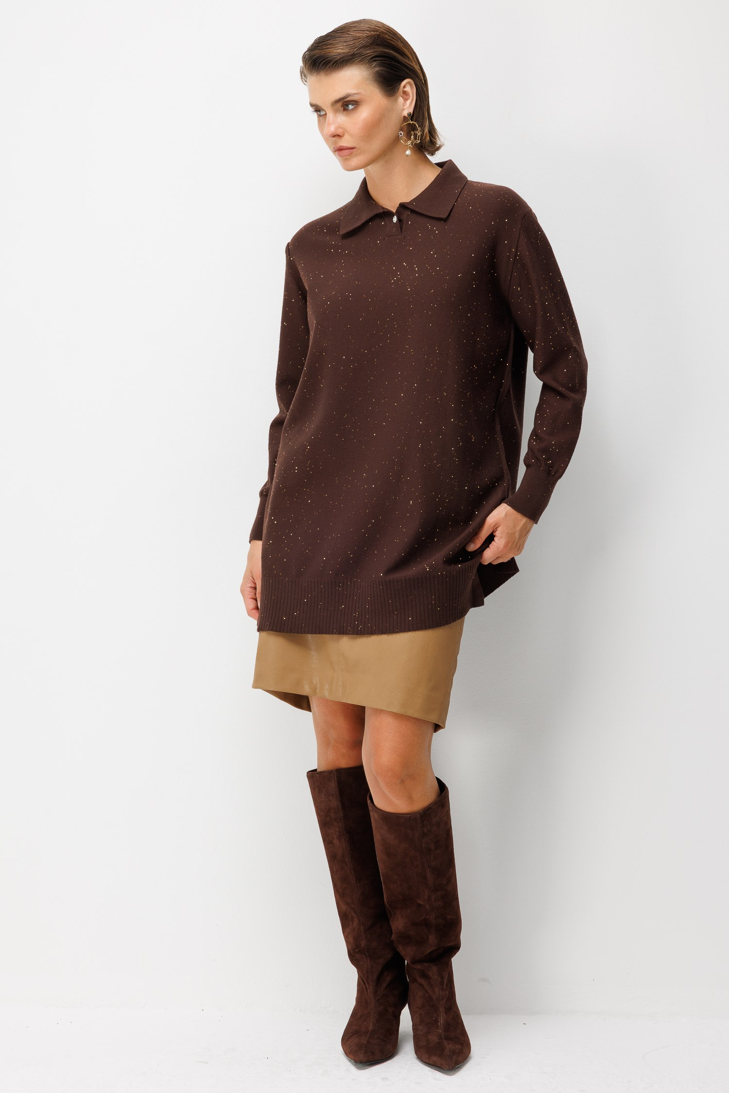 Polo Yaka Triko Tunik-KAHVE