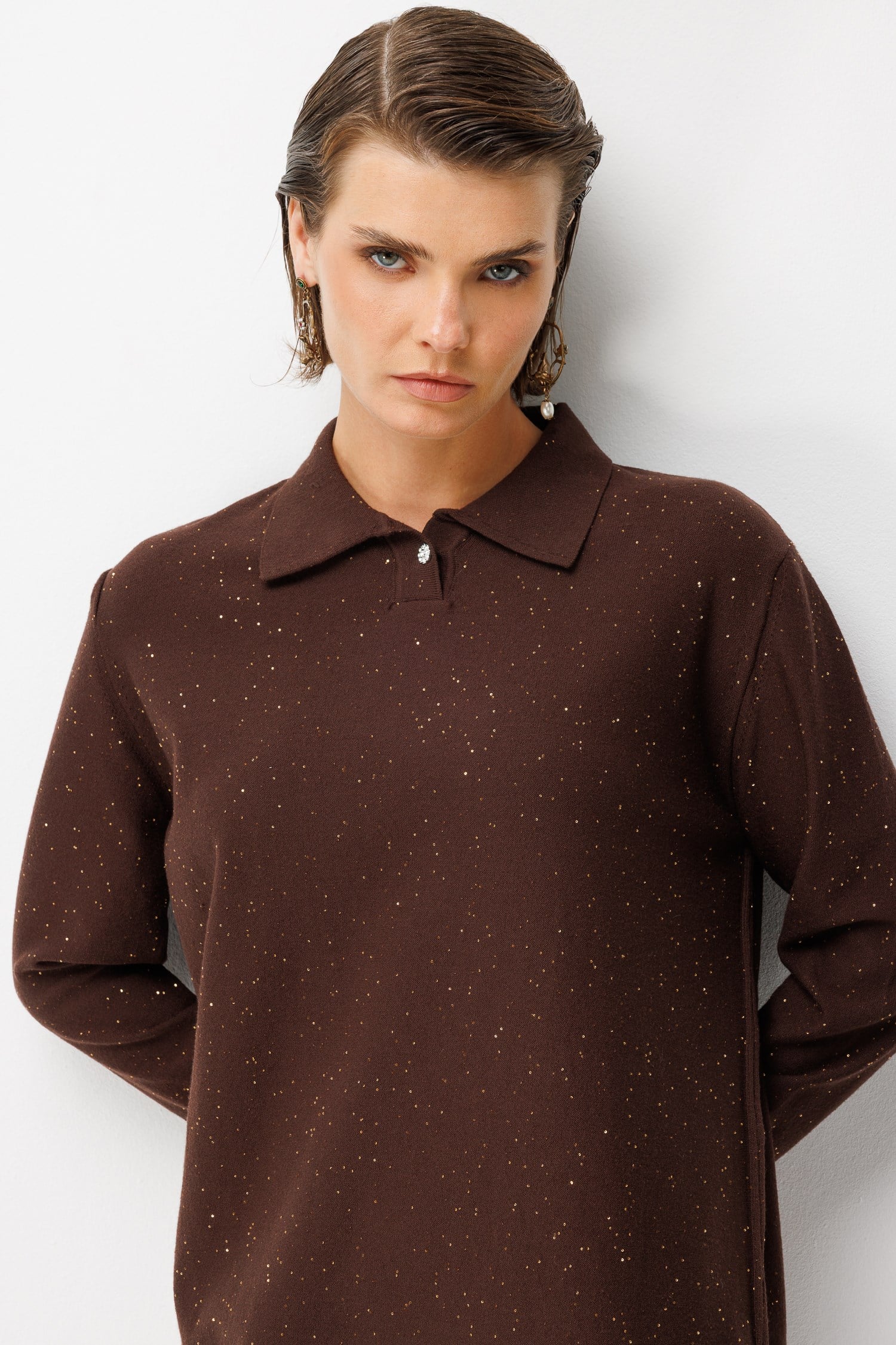 Polo Yaka Triko Tunik-KAHVE