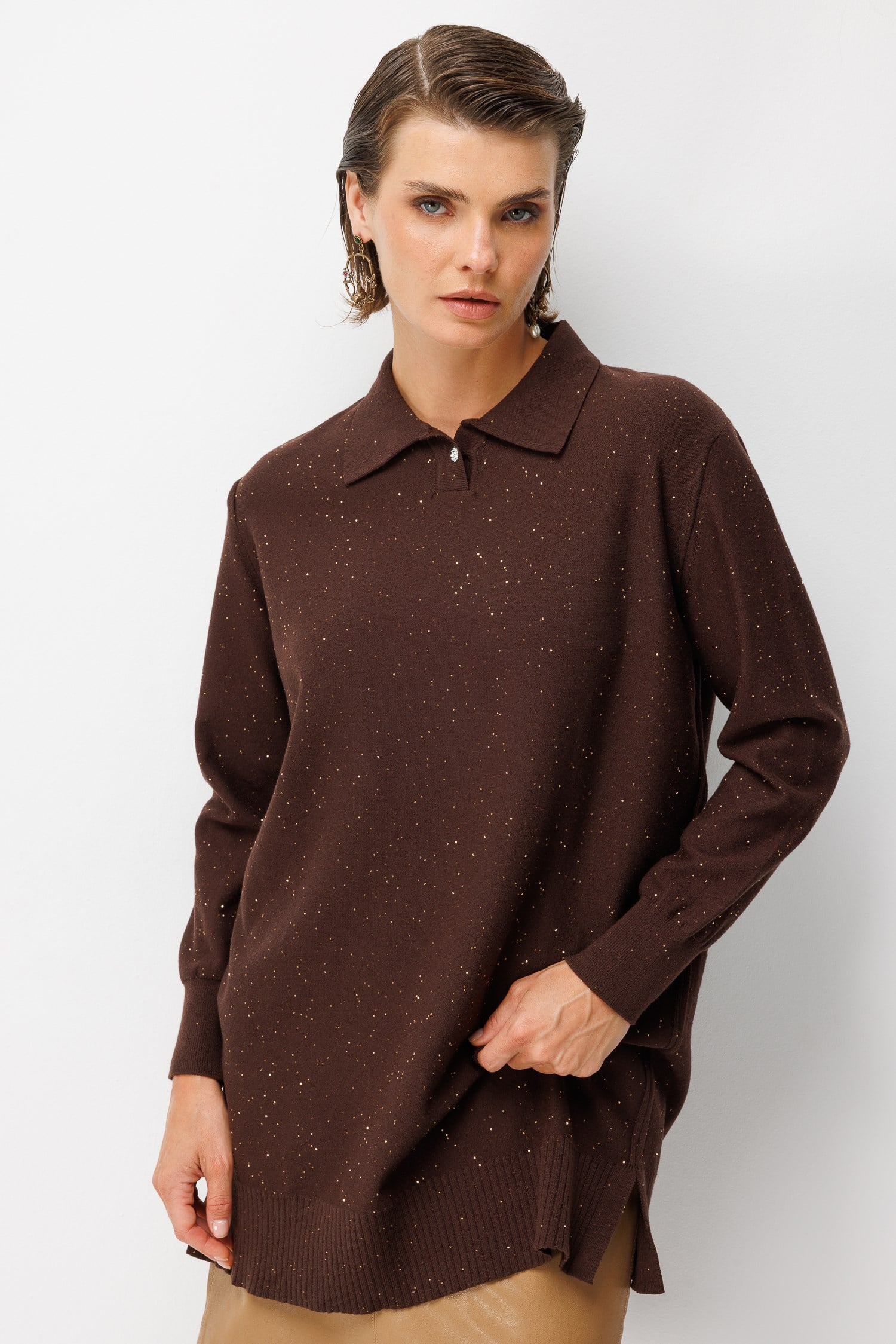 Polo Yaka Triko Tunik-KAHVE