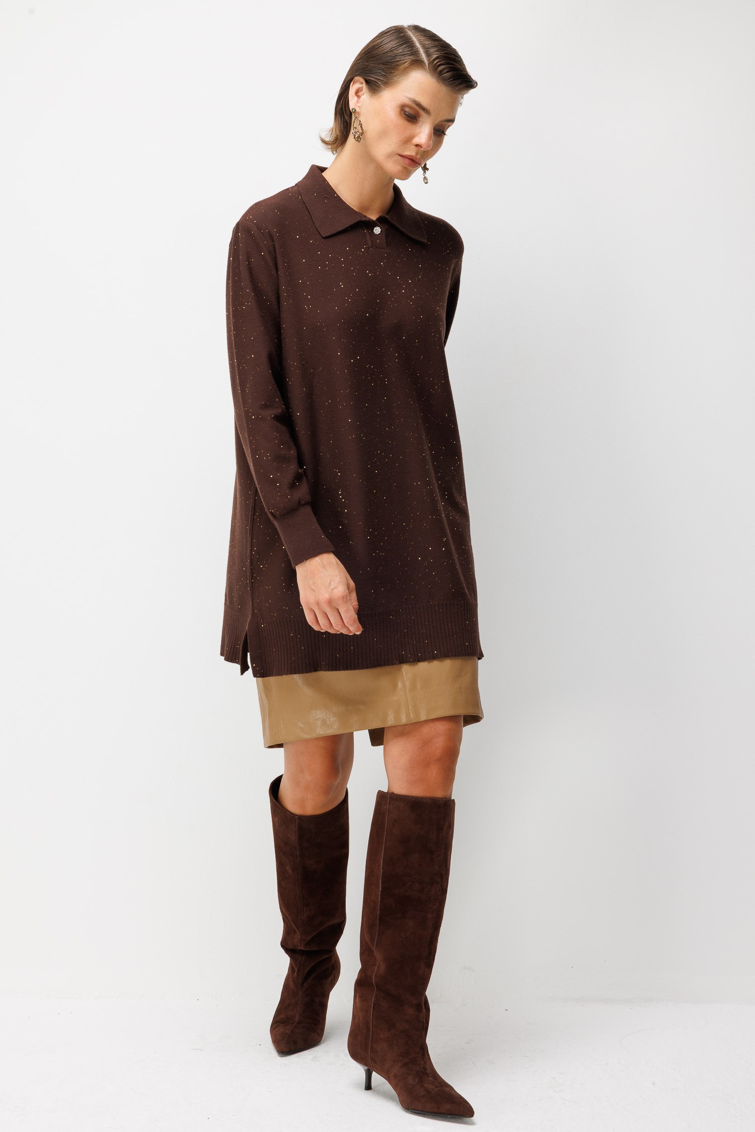 Polo Yaka Triko Tunik-KAHVE