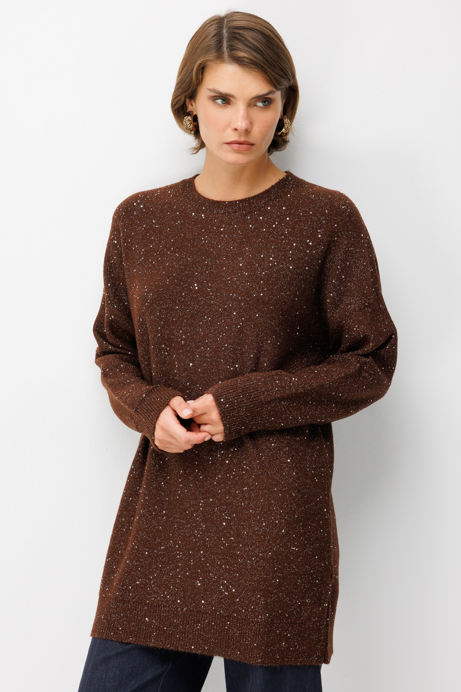 Pul Detaylı Triko Tunik-KAHVE