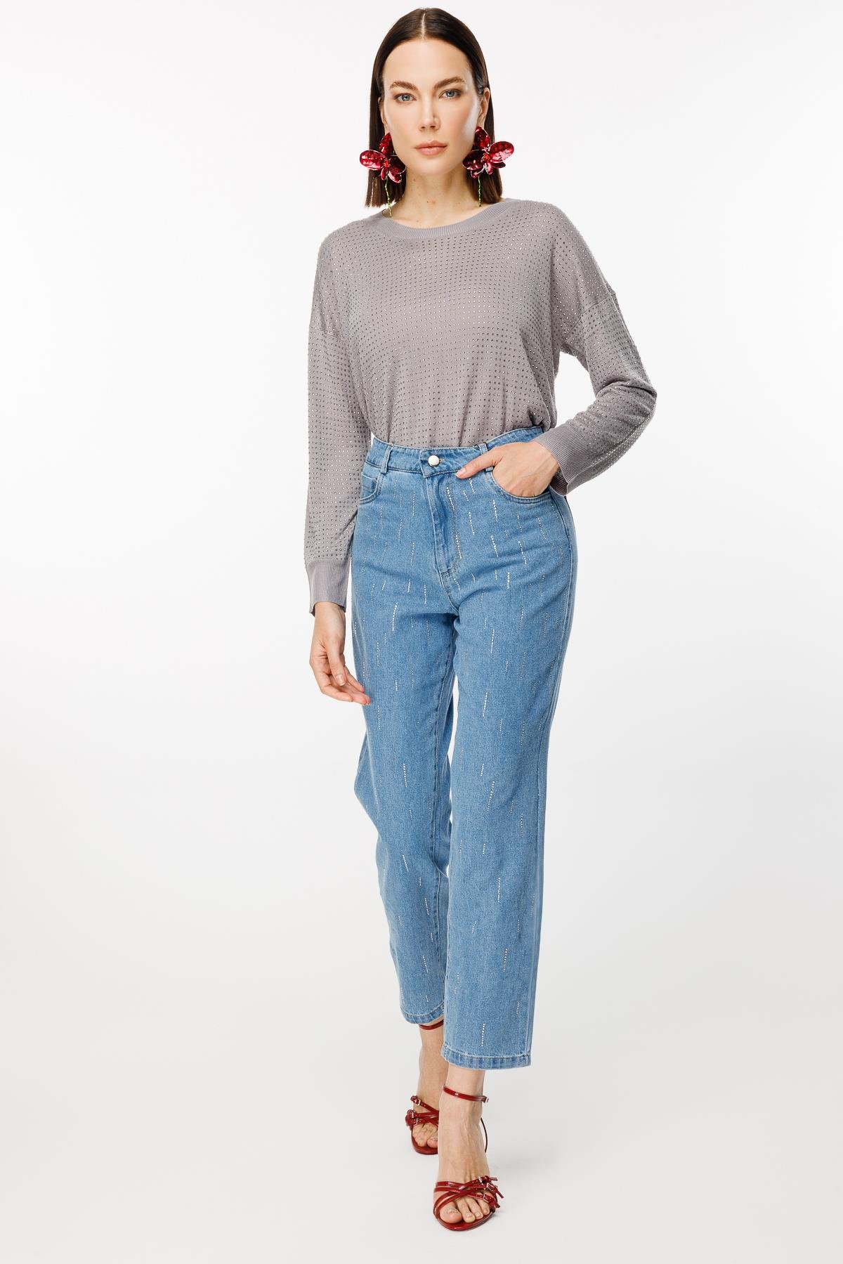 Rahat Kalıp Taş Baskılı Kot Pantolon-MAVİ