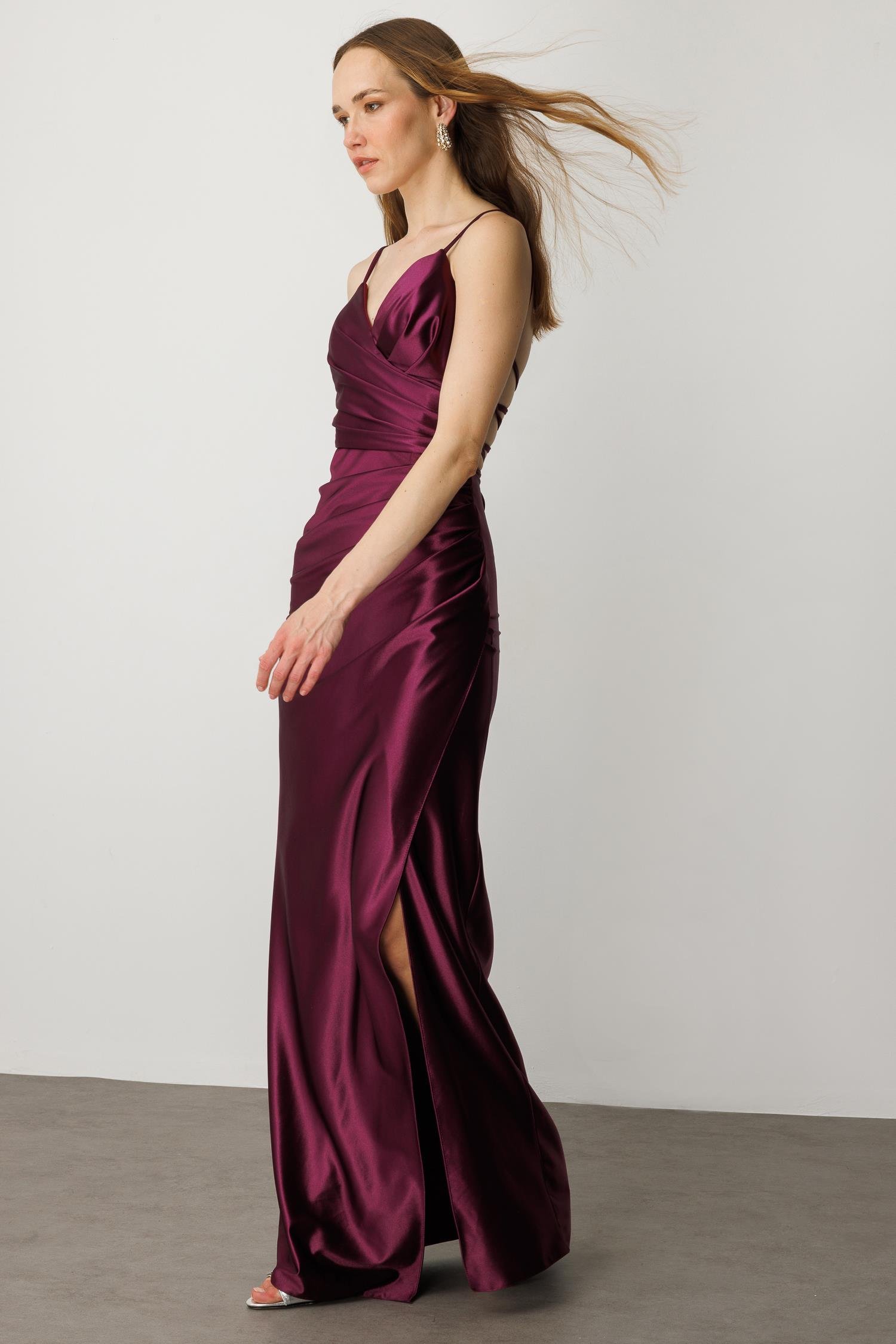 Saten Görünüm Kruvaze Abiye Elbise-MÜRDÜM