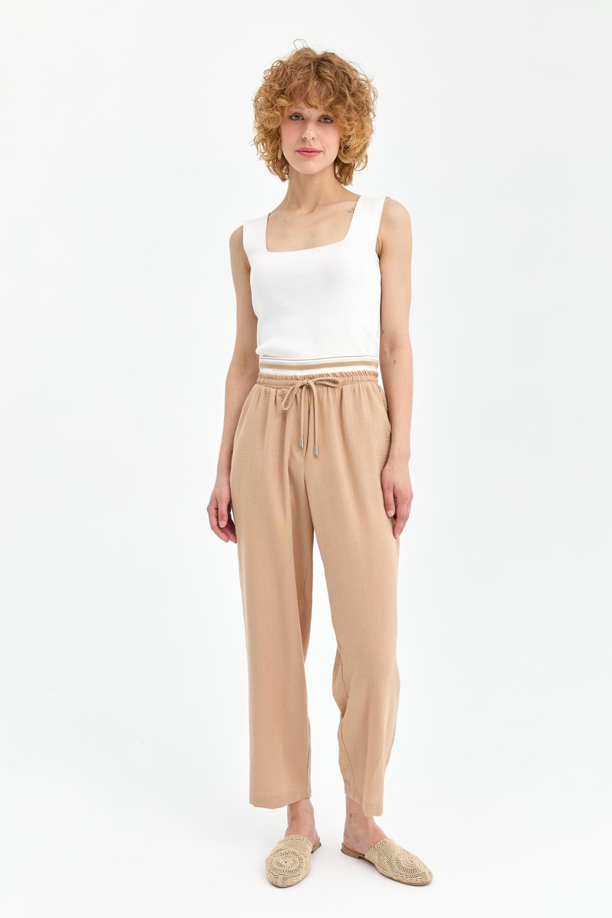 Şerit Lastik Detaylı Keten Pantolon-CAMEL