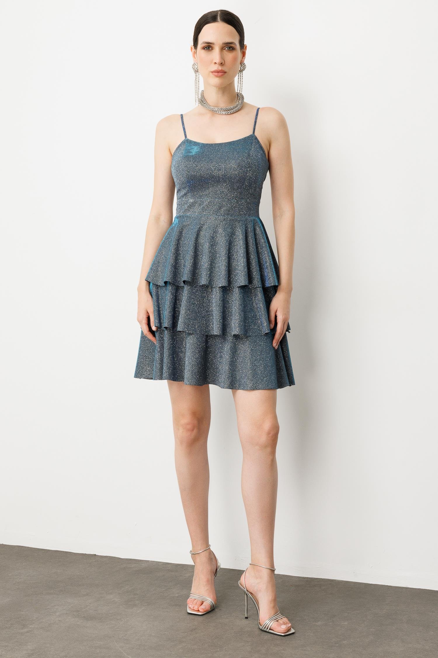 Sim Detay Kısa Abiye Elbise-SAX