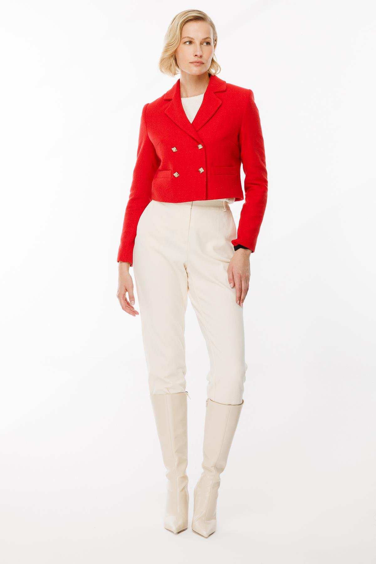 Sim Detaylı Crop Ceket-KIRMIZI