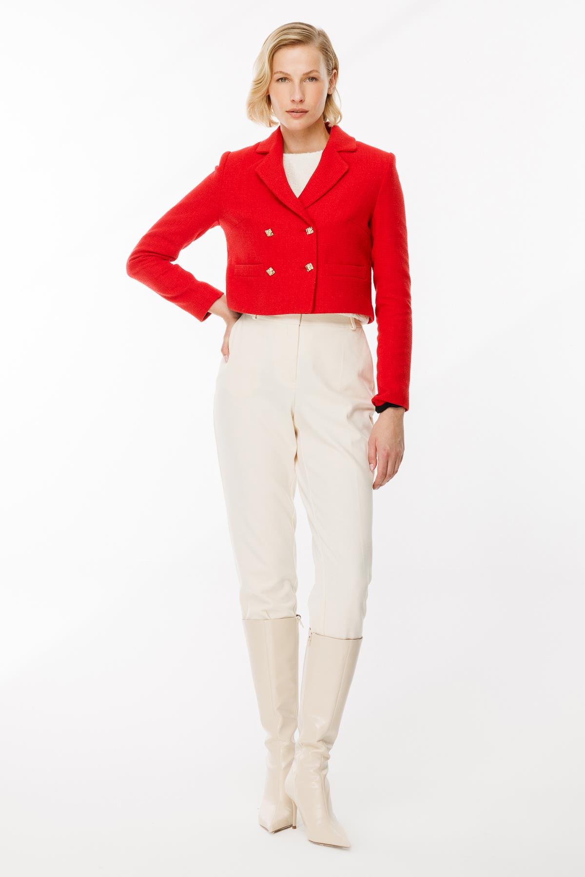 Sim Detaylı Crop Ceket-KIRMIZI