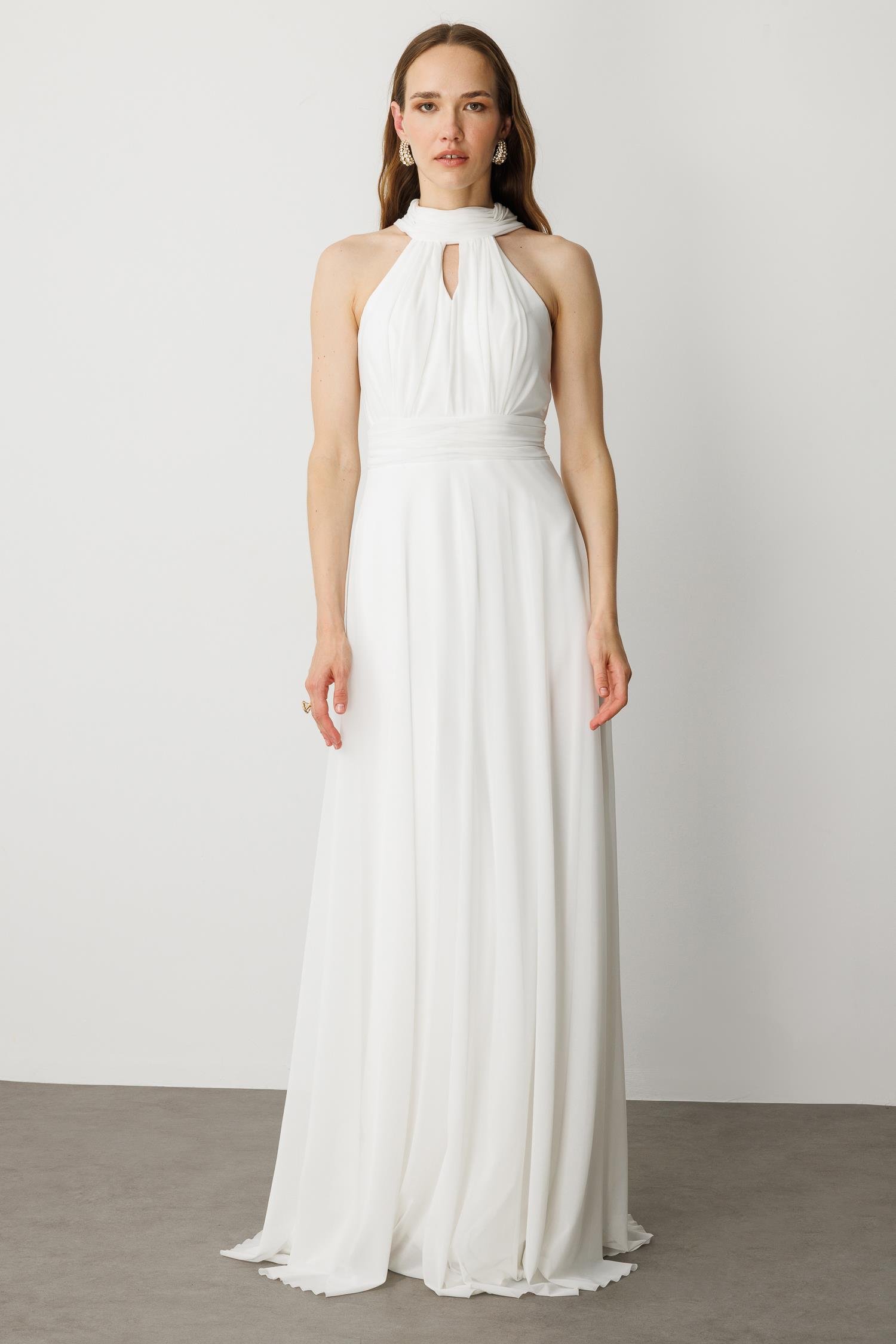 Sırt Dekolteli Kloş Etekli Tül Uzun Abiye Elbise-EKRU