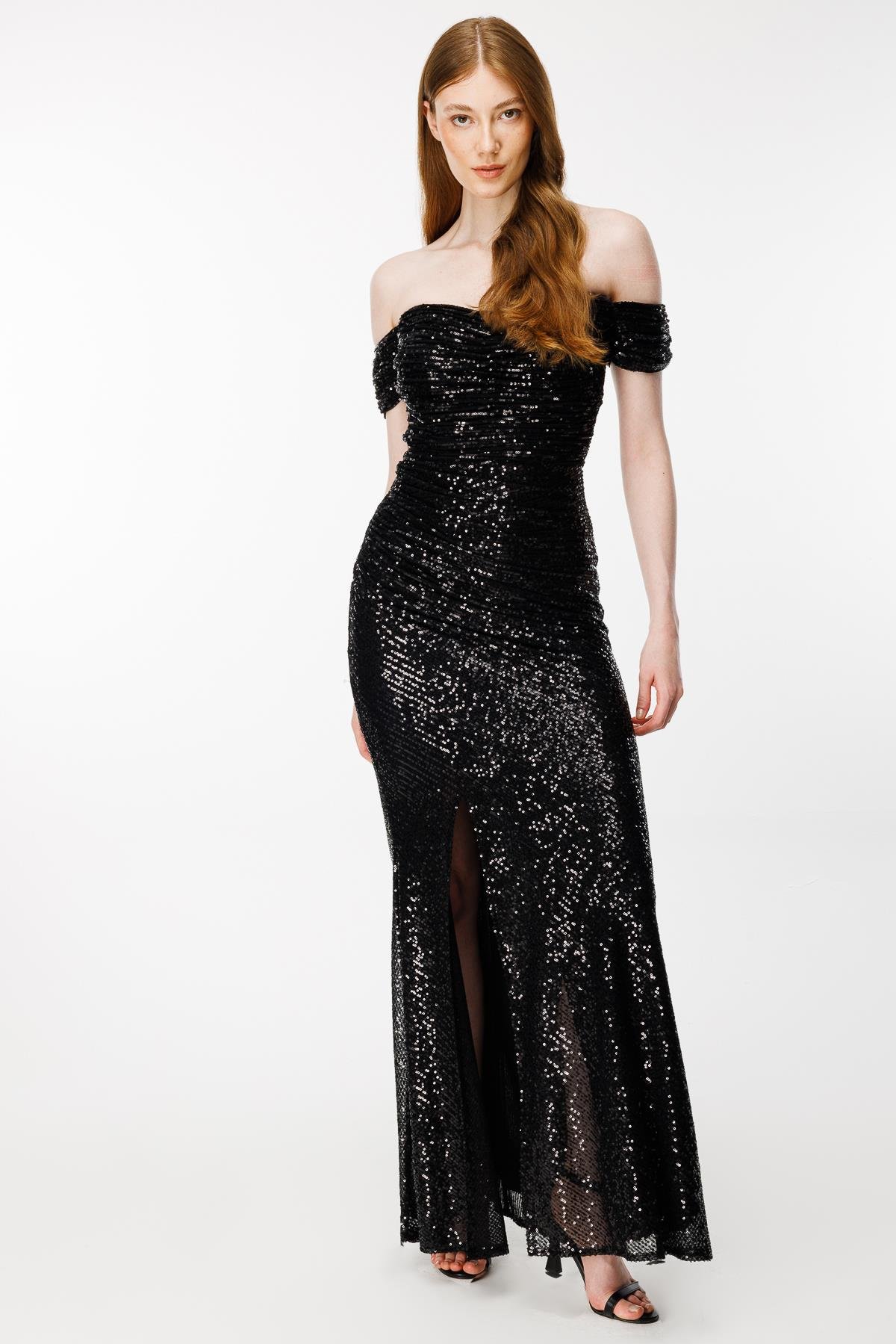 Siyah Kayık Yaka Payetli Uzun Abiye-SİYAH