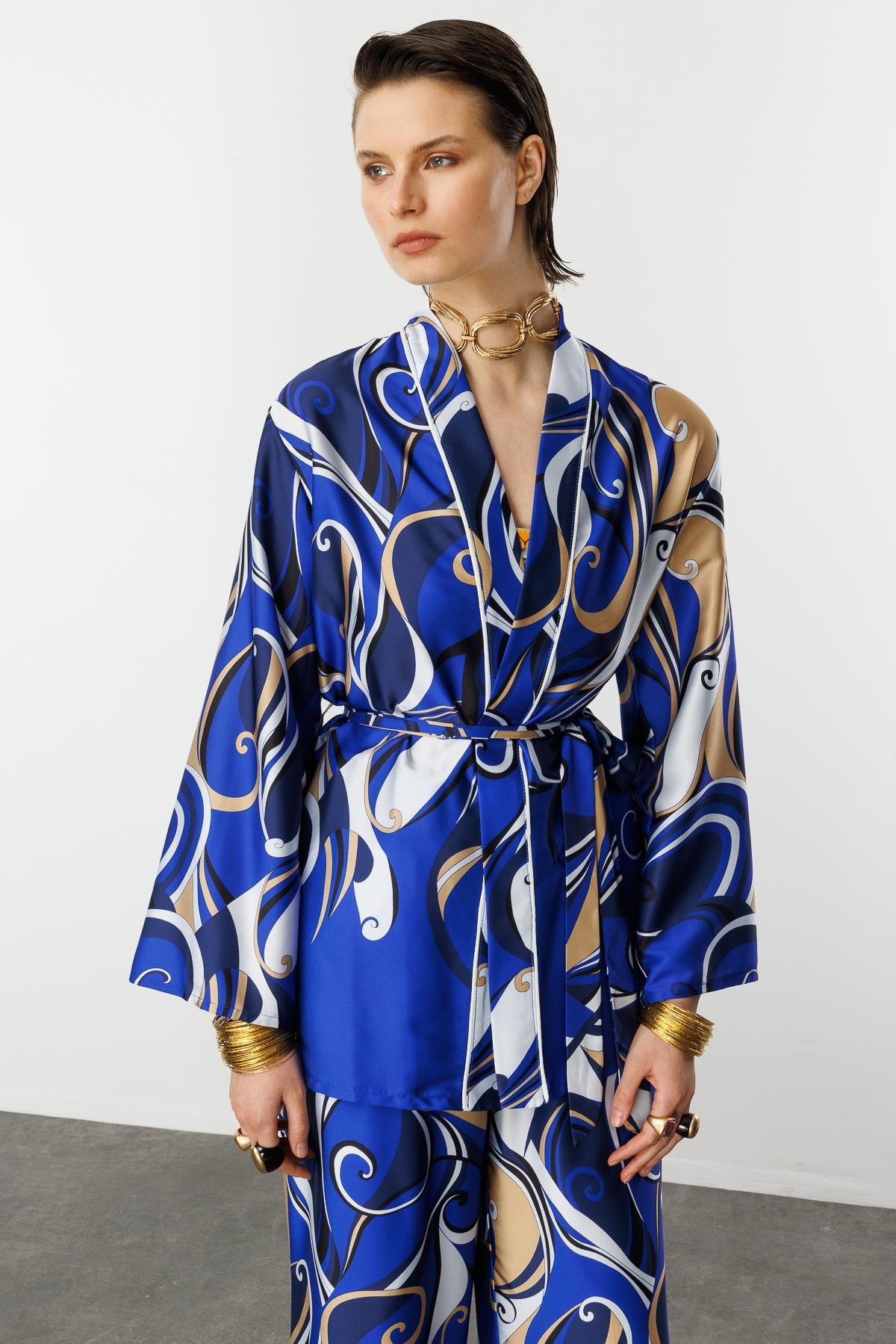 Soyut Desen Saten Gömlek-SAX