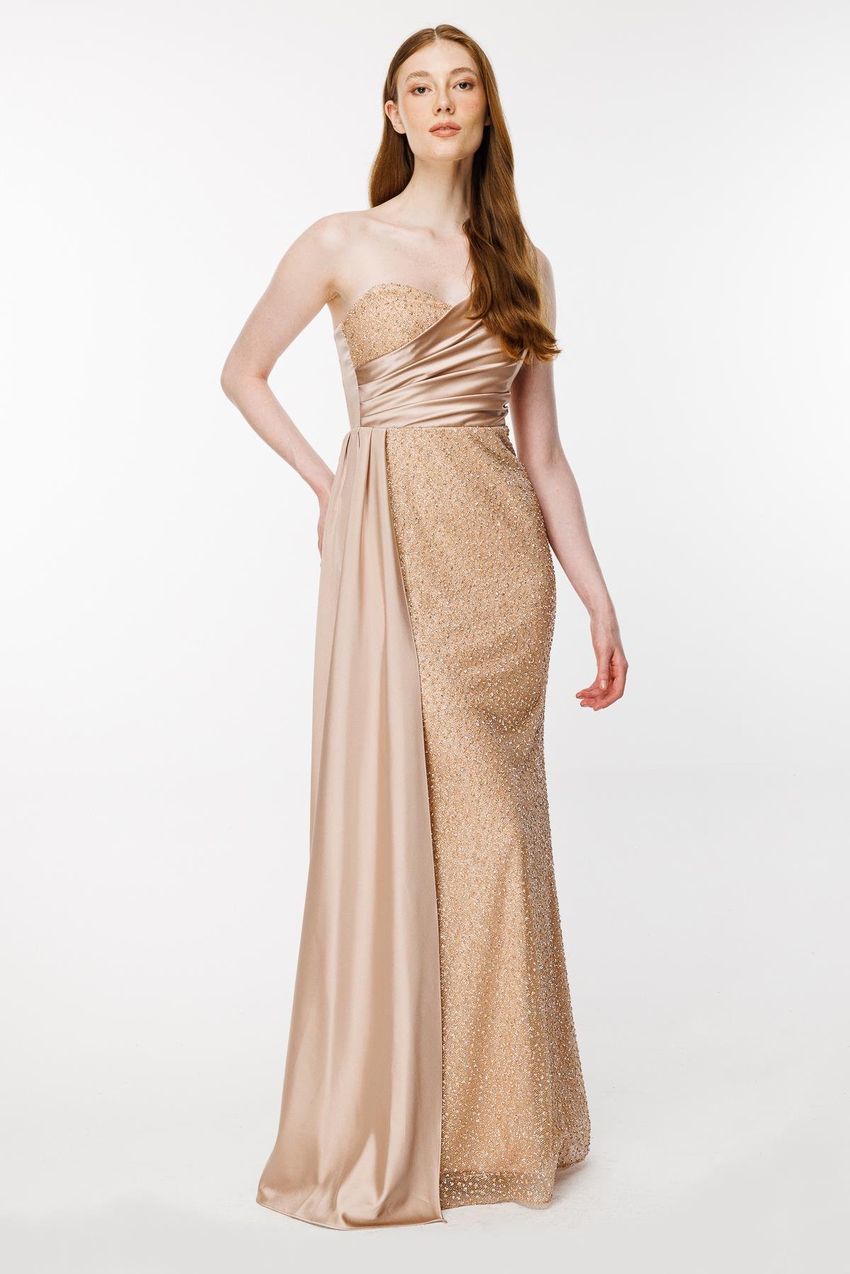 Taş İşlemeli Tek Omuz Uzun Abiye-GOLD