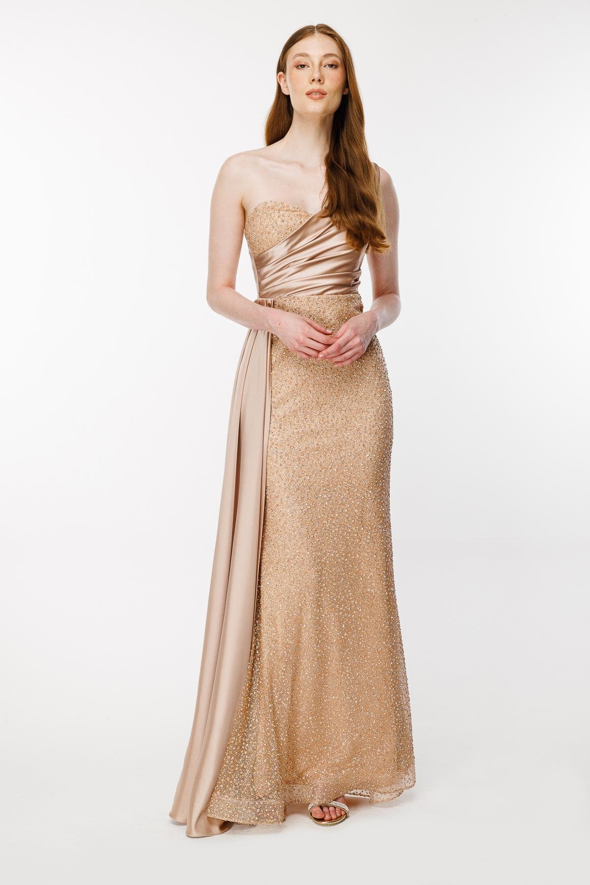 Taş İşlemeli Tek Omuz Uzun Abiye-GOLD