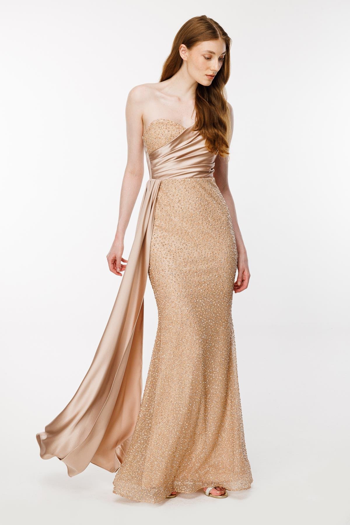 Taş İşlemeli Tek Omuz Uzun Abiye-GOLD