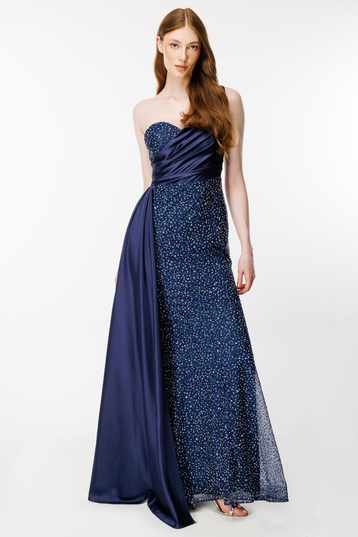 Taş İşlemeli Tek Omuz Uzun Abiye-LACI