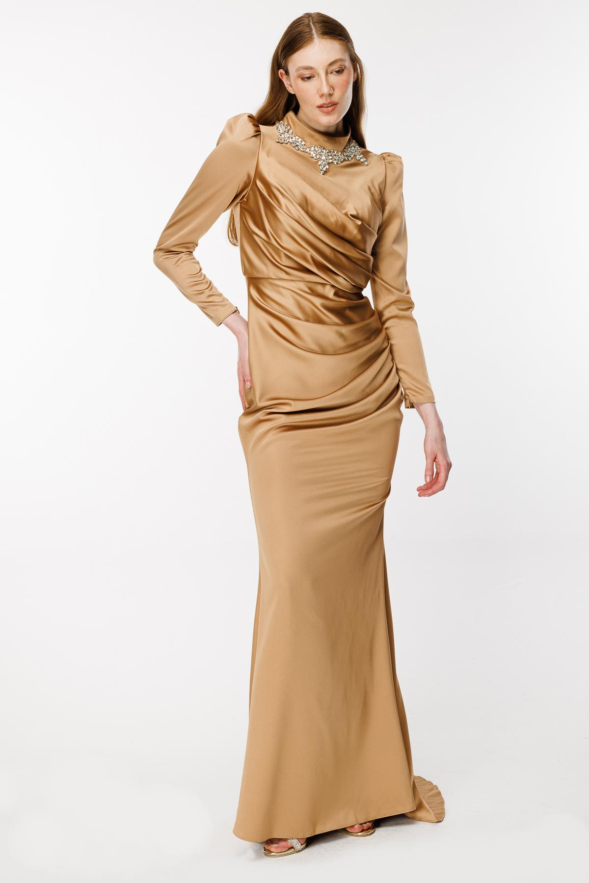 Taş Ve Drape Detaylı Uzun Abiye-BRONZ