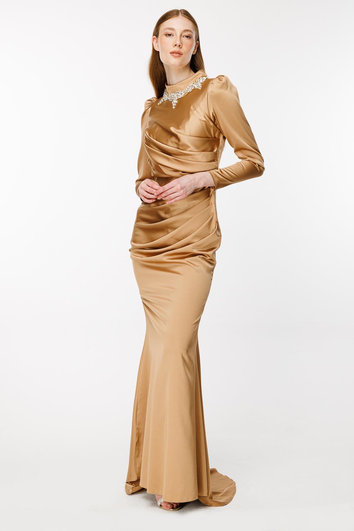 Taş Ve Drape Detaylı Uzun Abiye-BRONZ