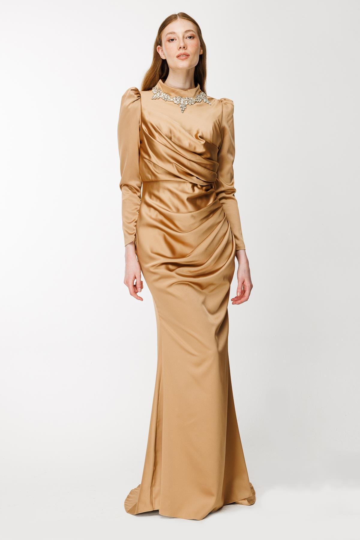 Taş Ve Drape Detaylı Uzun Abiye-BRONZ