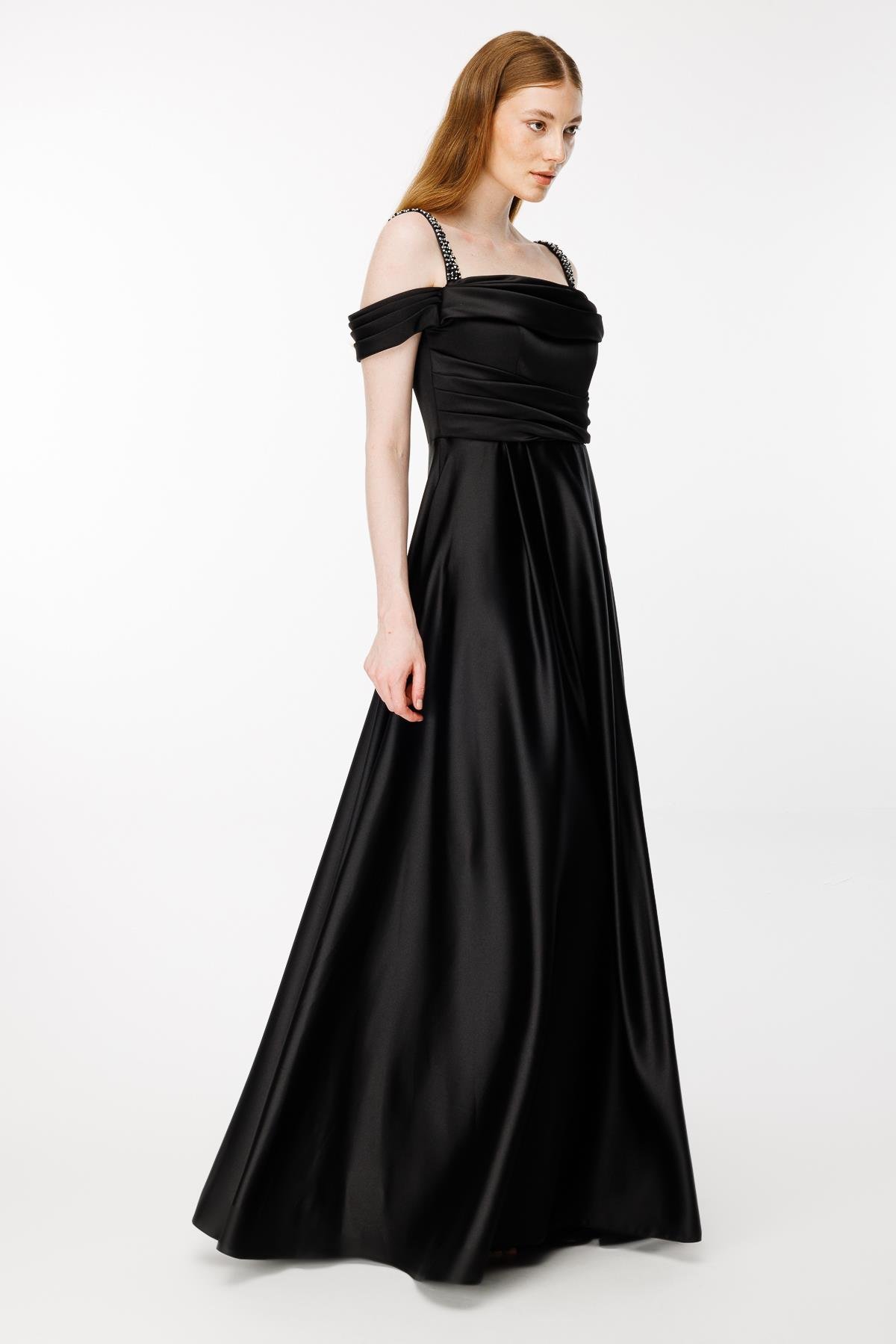 Taşlı İp Askılı Saten Uzun Abiye-SİYAH