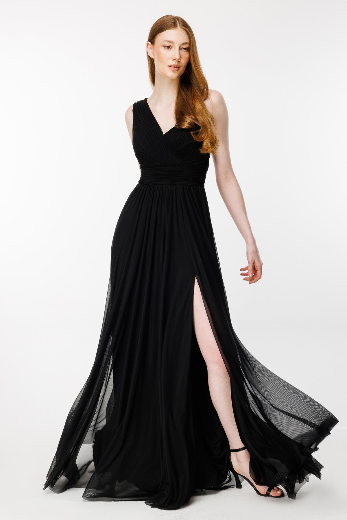 Tek Omuz Dpape Ve Yırtmaç Detaylı Abiye-SİYAH