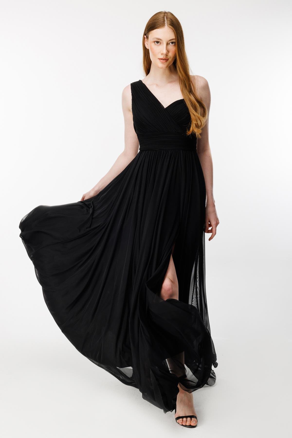 Tek Omuz Dpape Ve Yırtmaç Detaylı Abiye-SİYAH