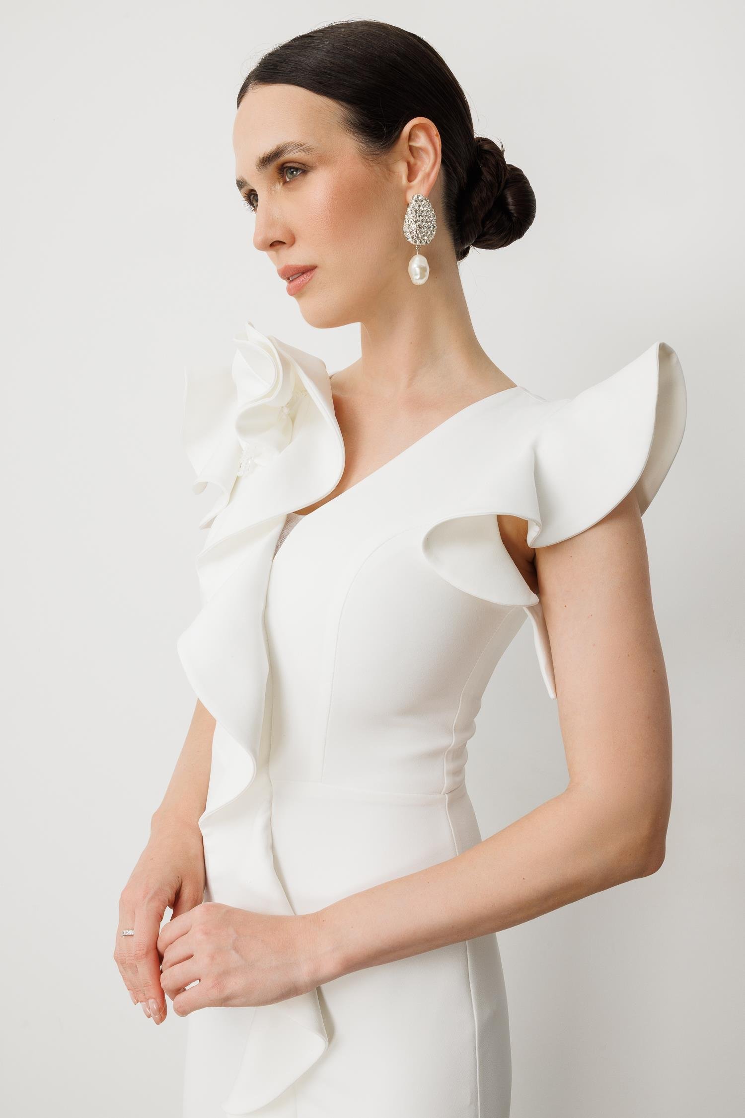 Volanlı Yırtmaçlı Abiye Elbise-BEYAZ