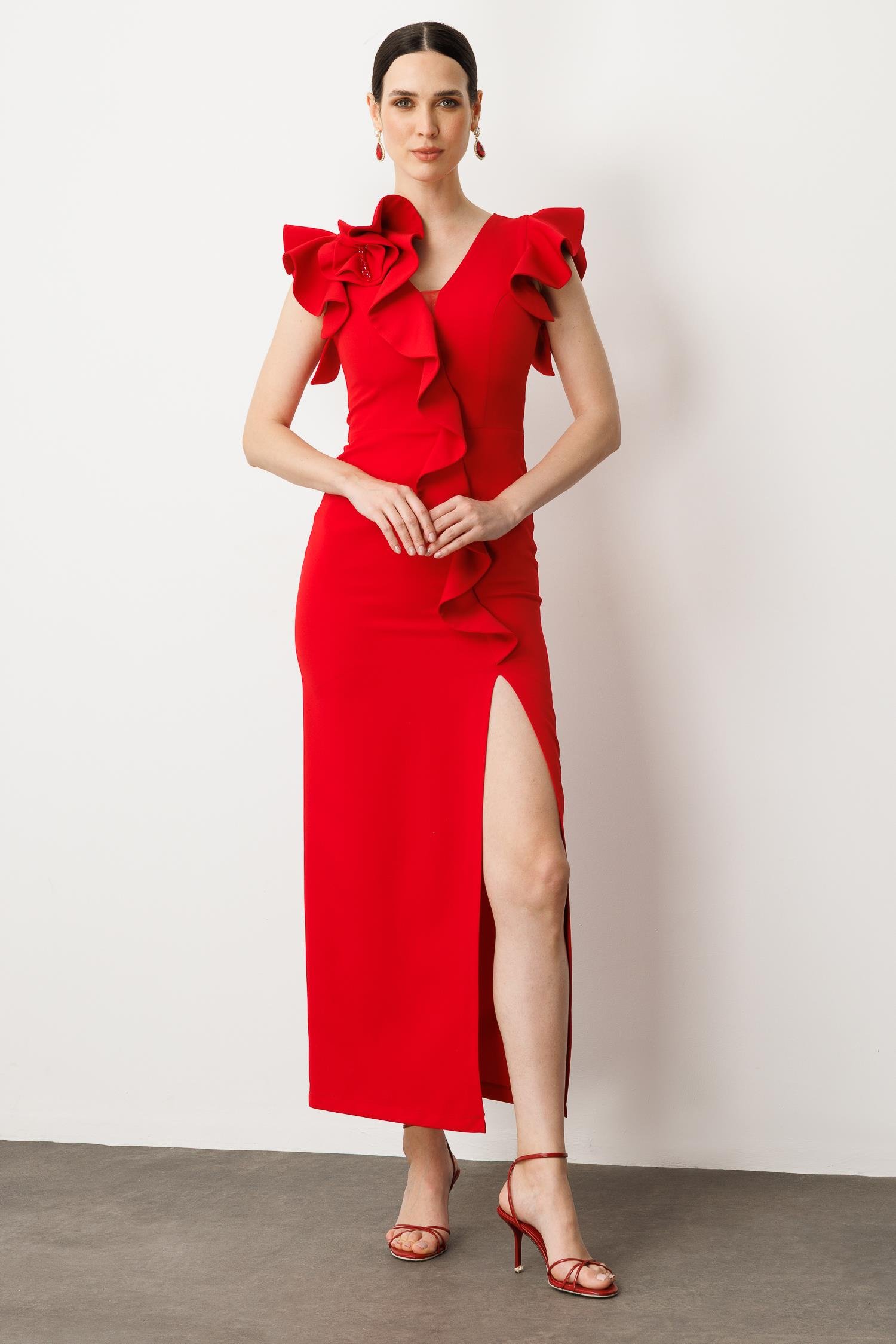 Volanlı Yırtmaçlı Abiye Elbise-KIRMIZI