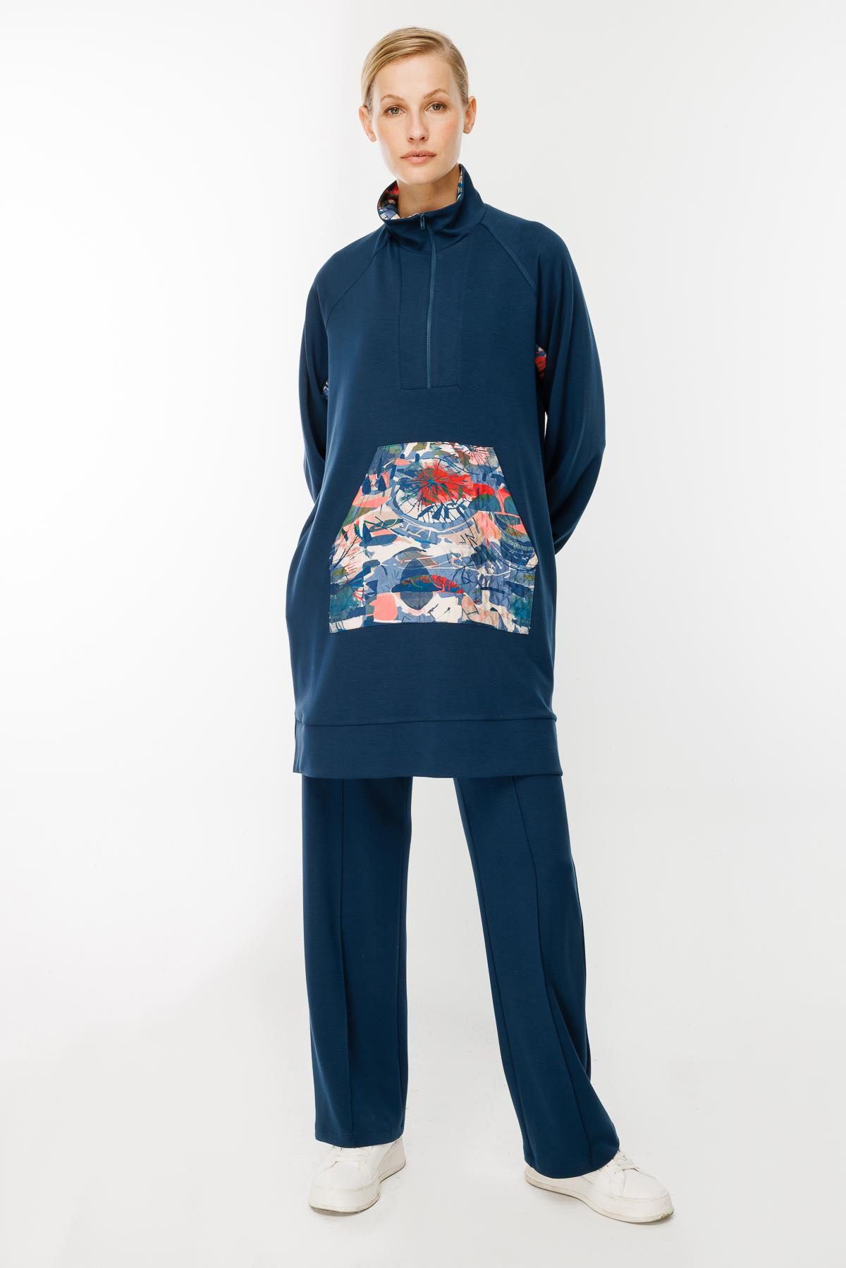 Yaka Detaylı Tunik Sweatshirt-PETROL