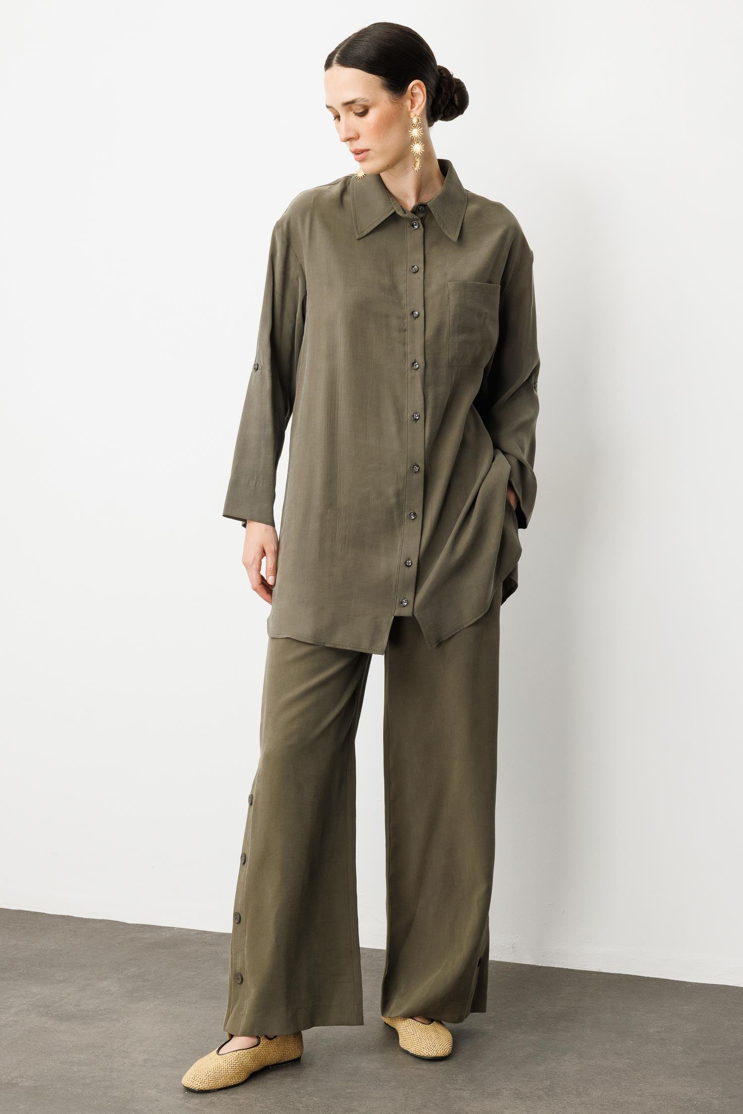 Yan Düğme Detay Cupra Tunik Gömlek-HAKİ