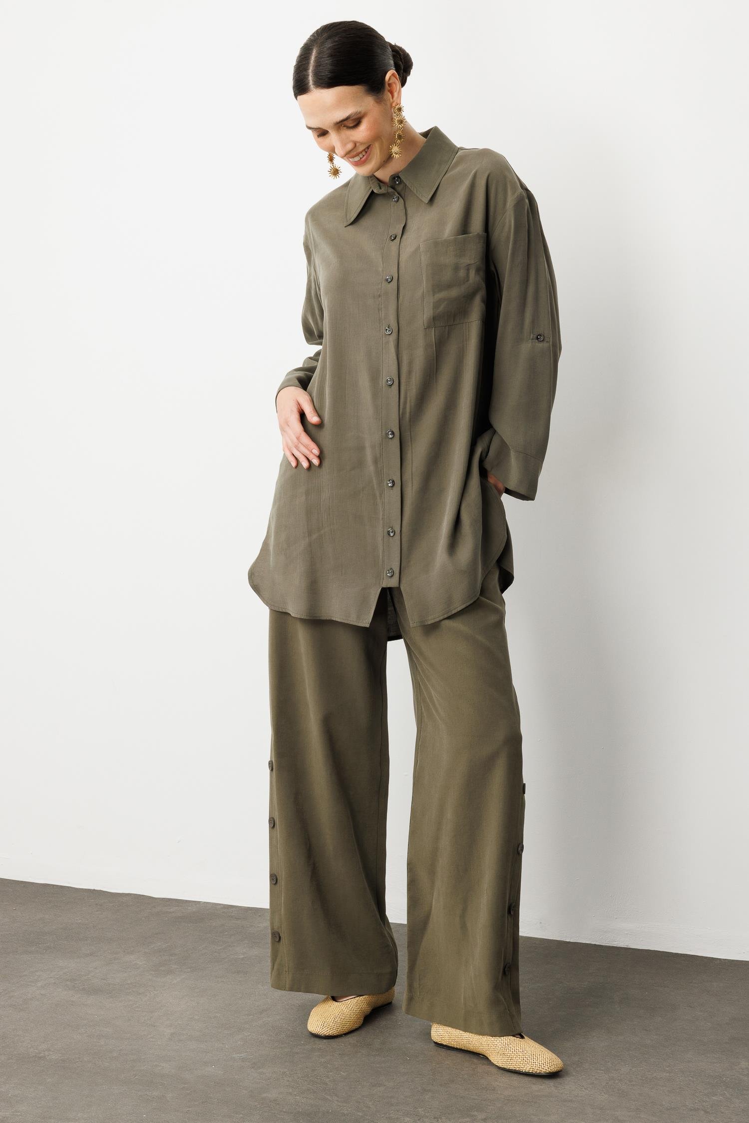 Yan Düğme Detay Cupra Tunik Gömlek-HAKİ