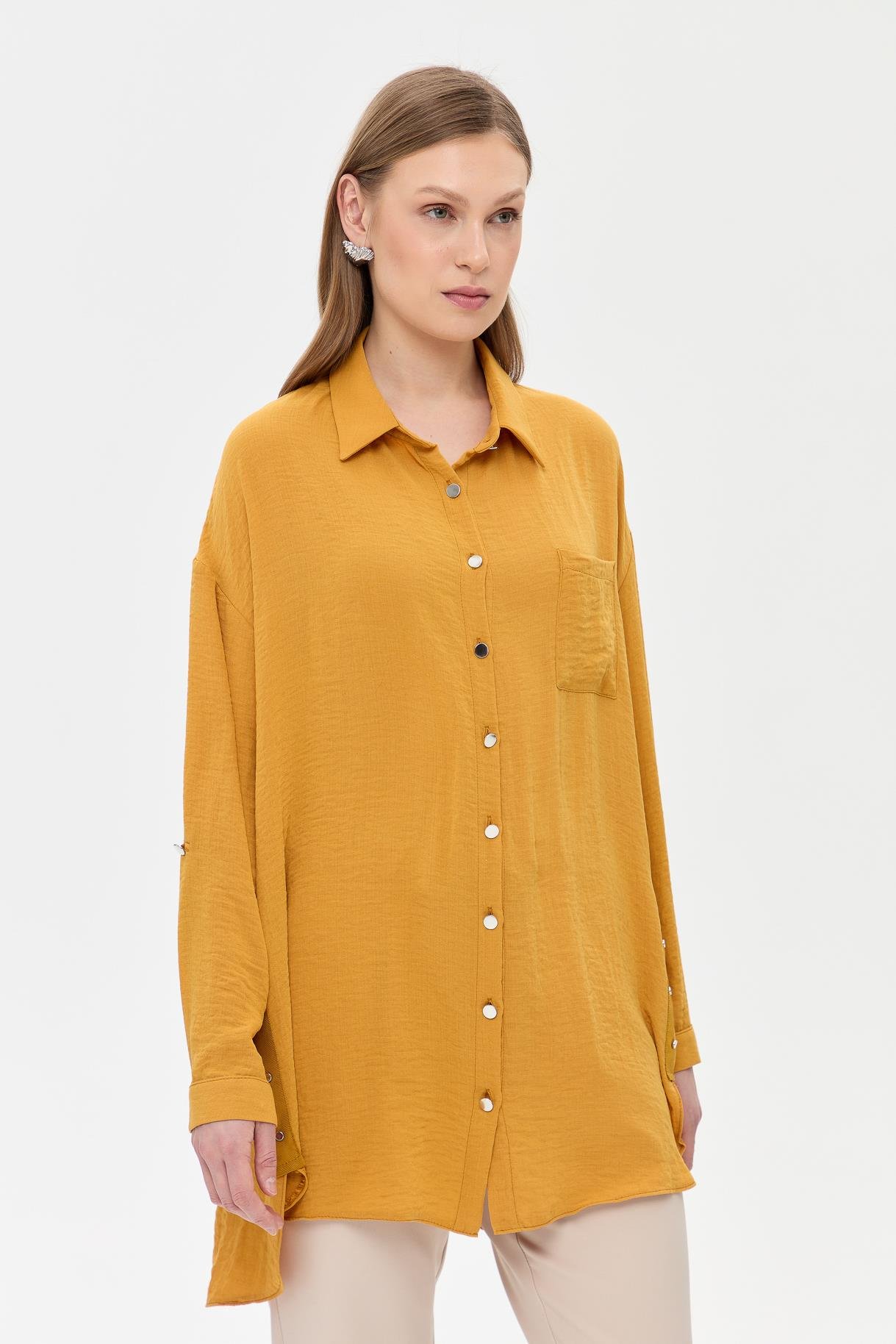 Yanları Zımba Detaylı Gömlek-HARDAL