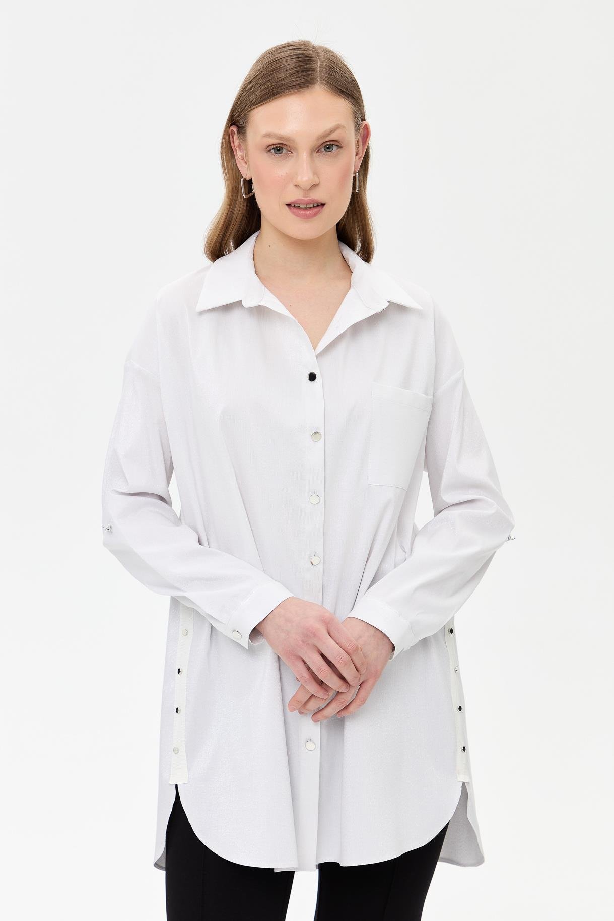 Yanları Zımba Detaylı Simli Gömlek-BEYAZ