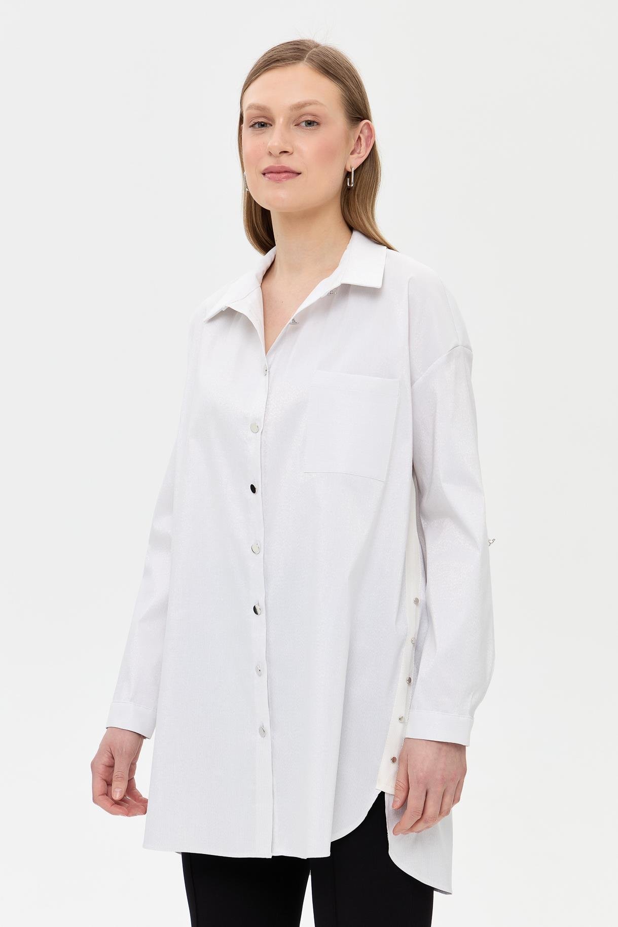 Yanları Zımba Detaylı Simli Gömlek-BEYAZ