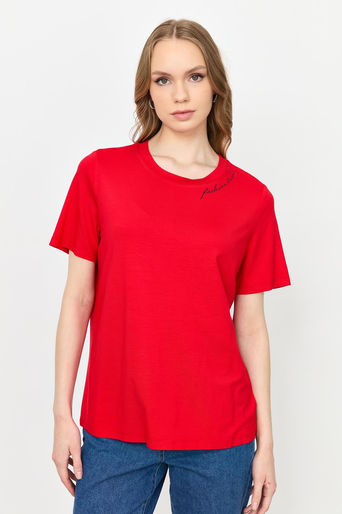 Yazı Detay Pamuklu Bluz-KIRMIZI