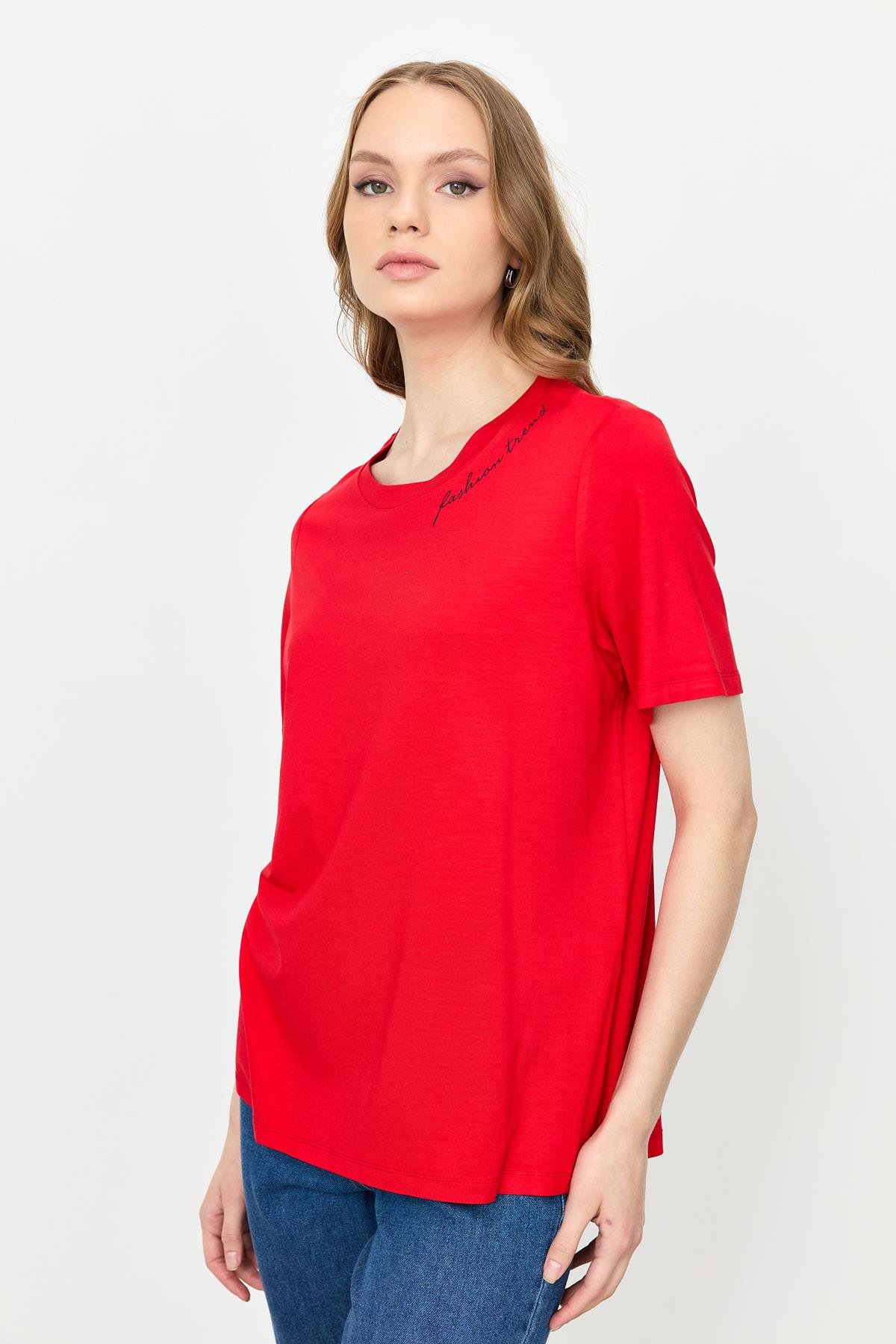 Yazı Detay Pamuklu Bluz-KIRMIZI