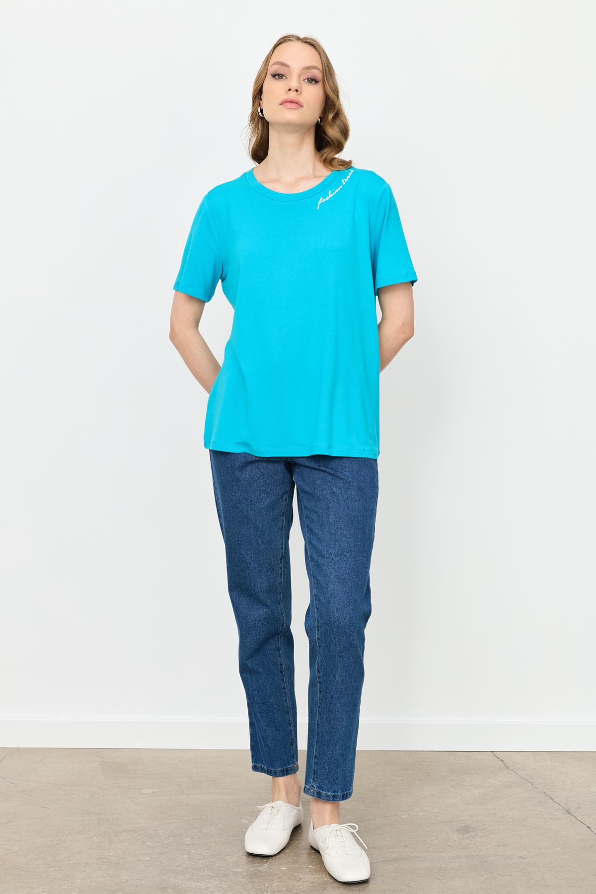 Yazı Detay Pamuklu Bluz-TURKUAZ