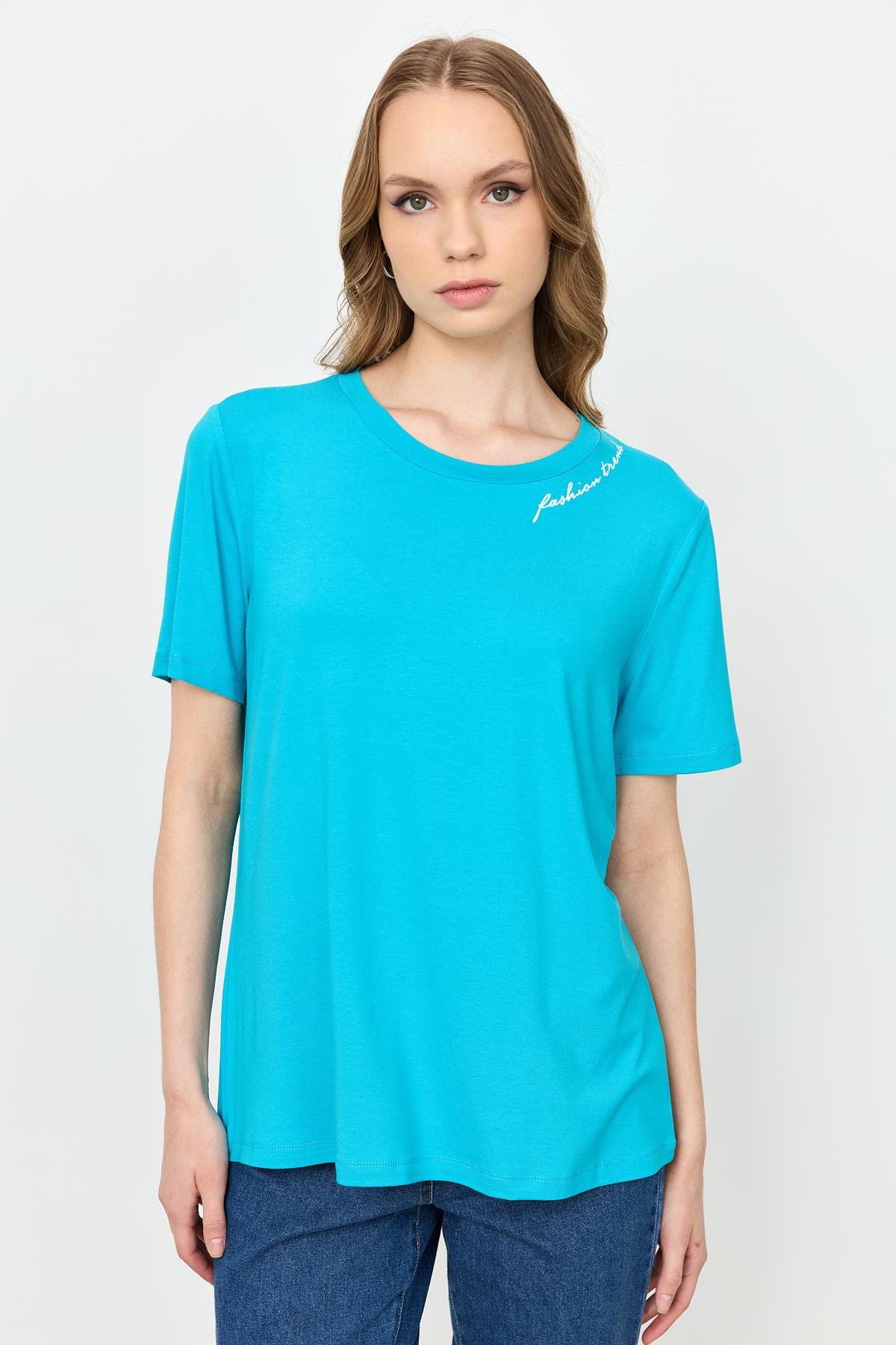 Yazı Detay Pamuklu Bluz-TURKUAZ