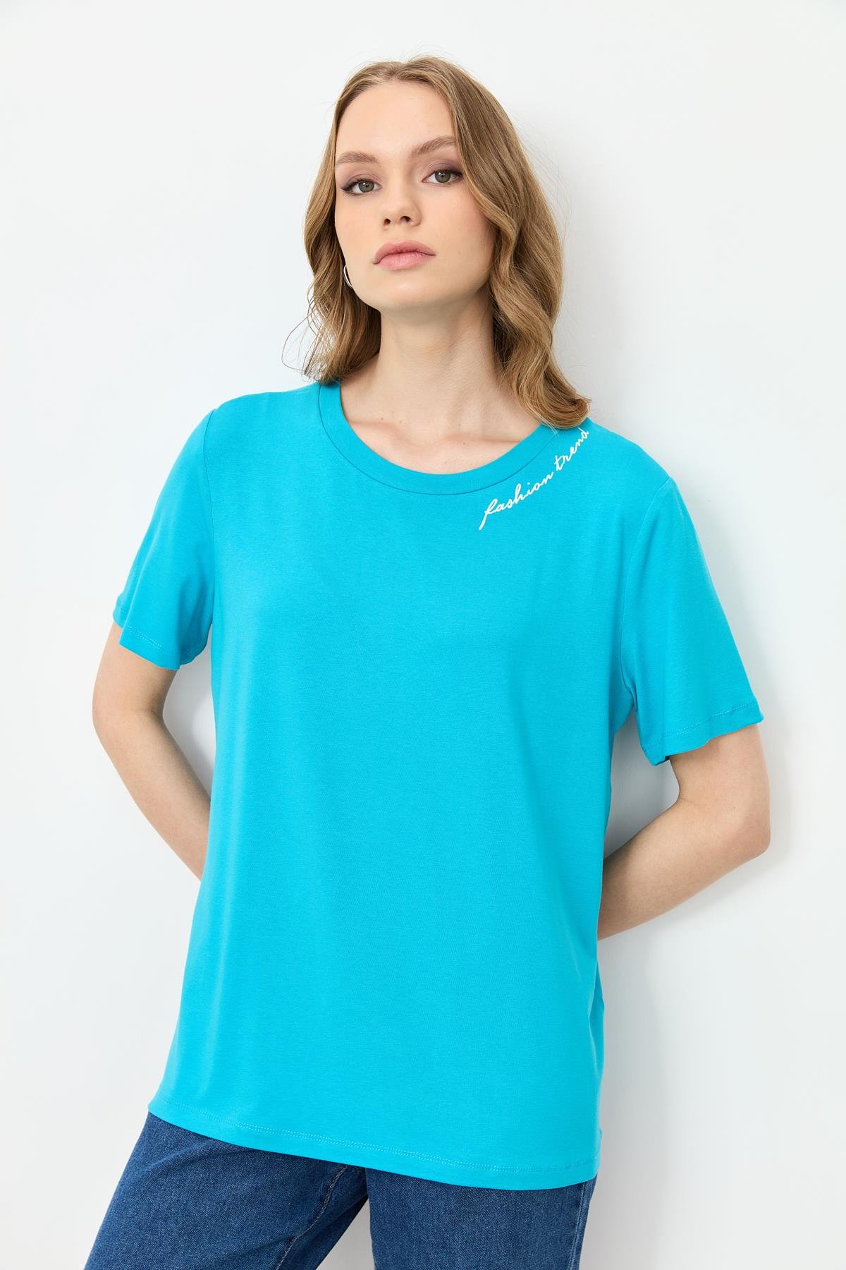 Yazı Detay Pamuklu Bluz-TURKUAZ