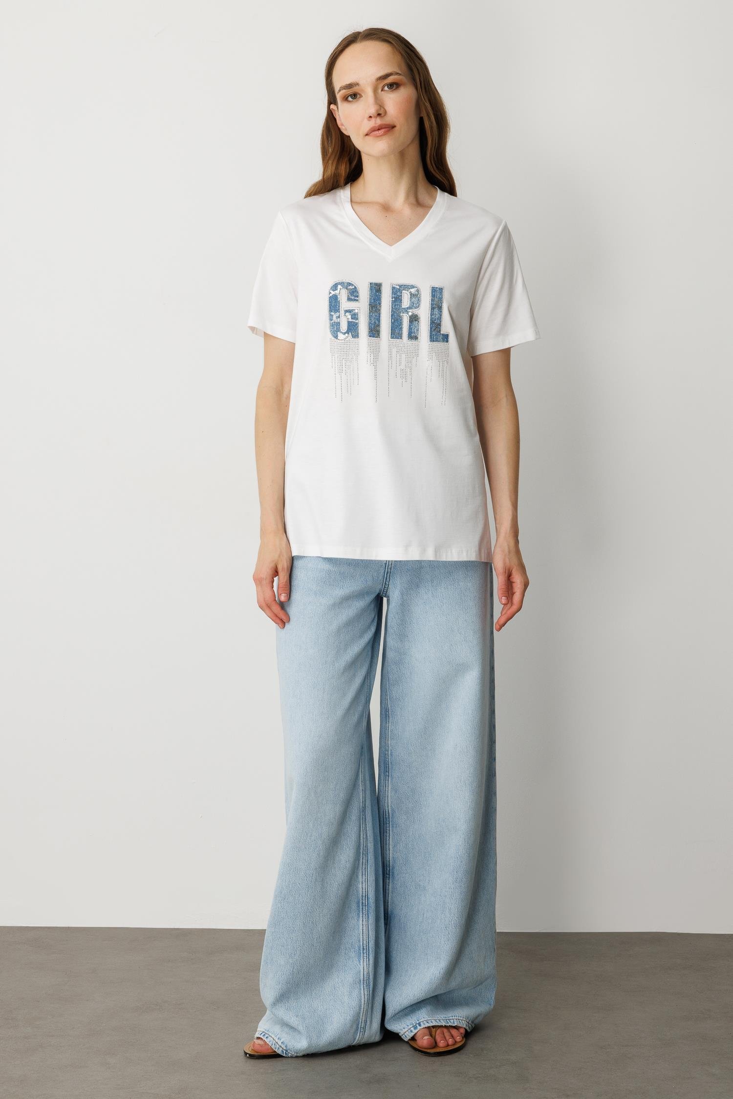 Yazı Detaylı Taşlı Tişört-KEMIK