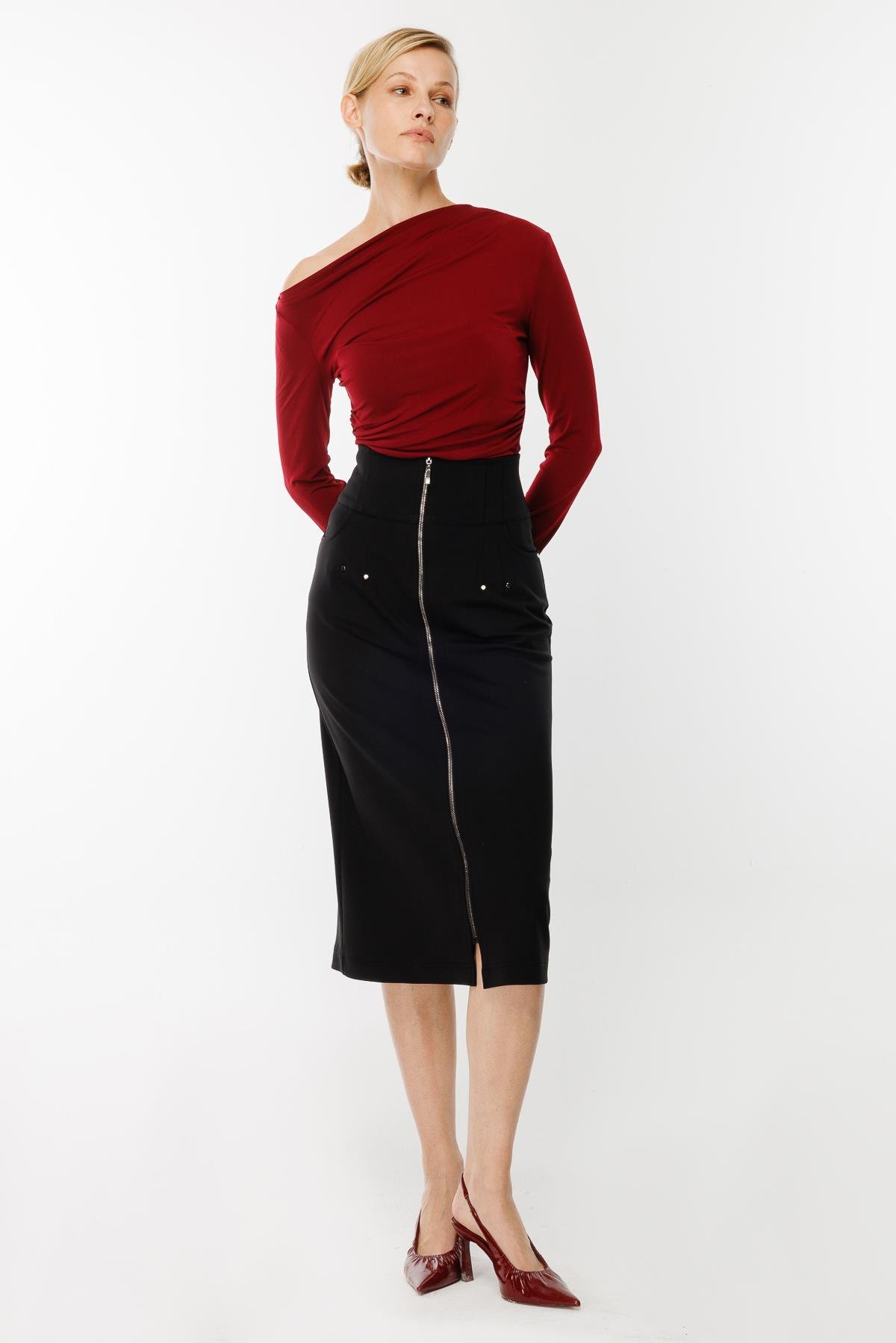 Yüksek Bel Fermuarlı Etek-SİYAH