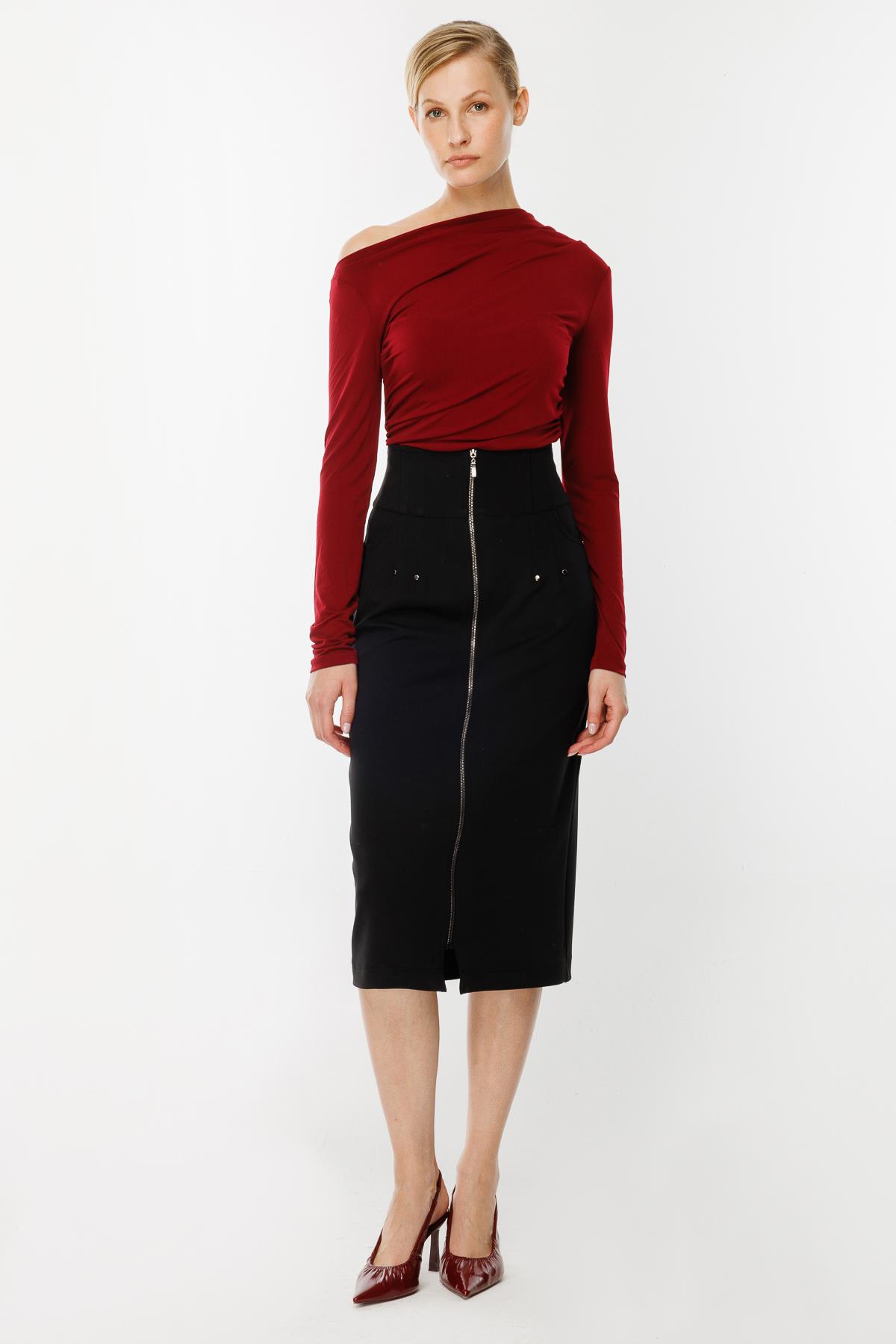 Yüksek Bel Fermuarlı Etek-SİYAH