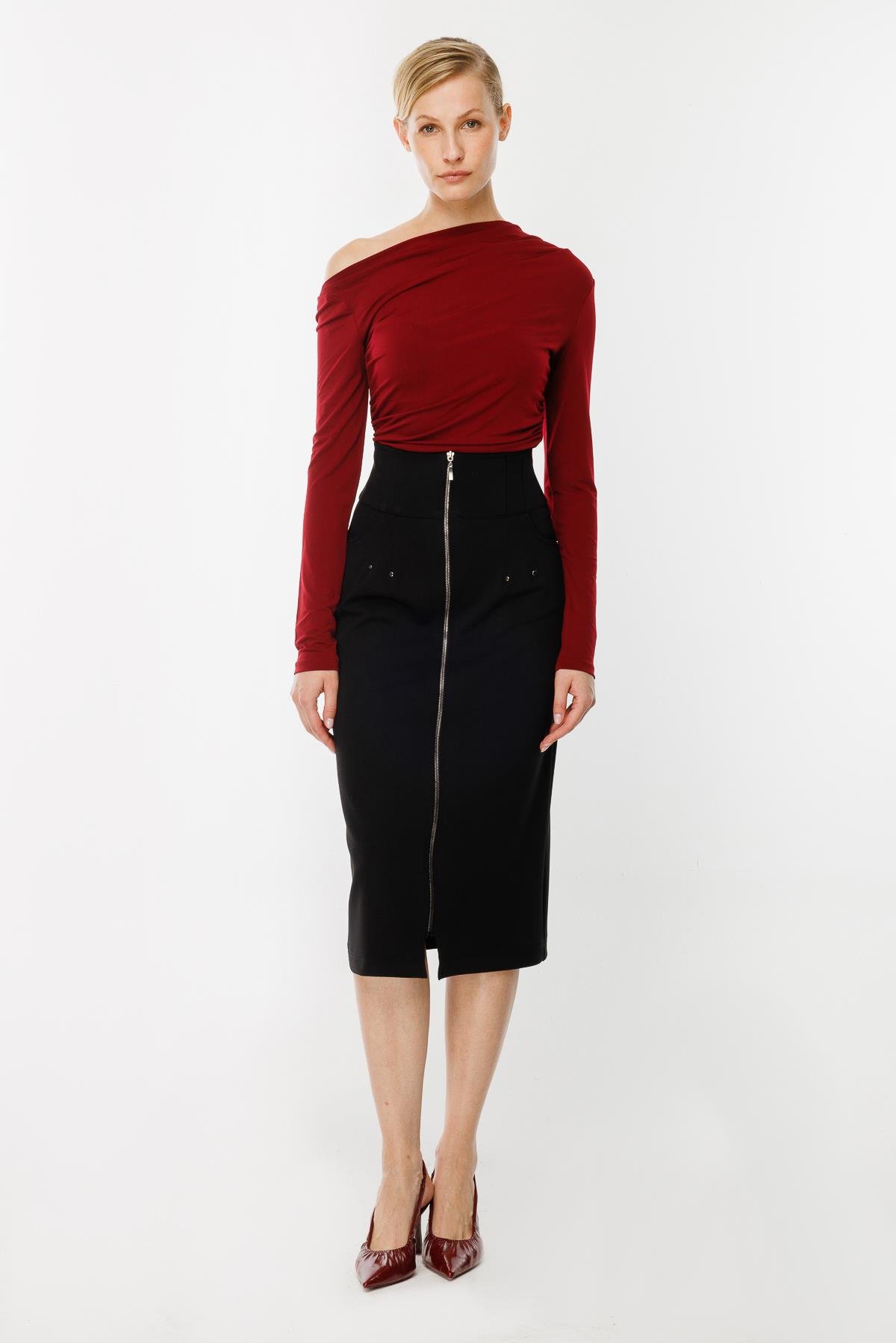 Yüksek Bel Fermuarlı Etek-SİYAH