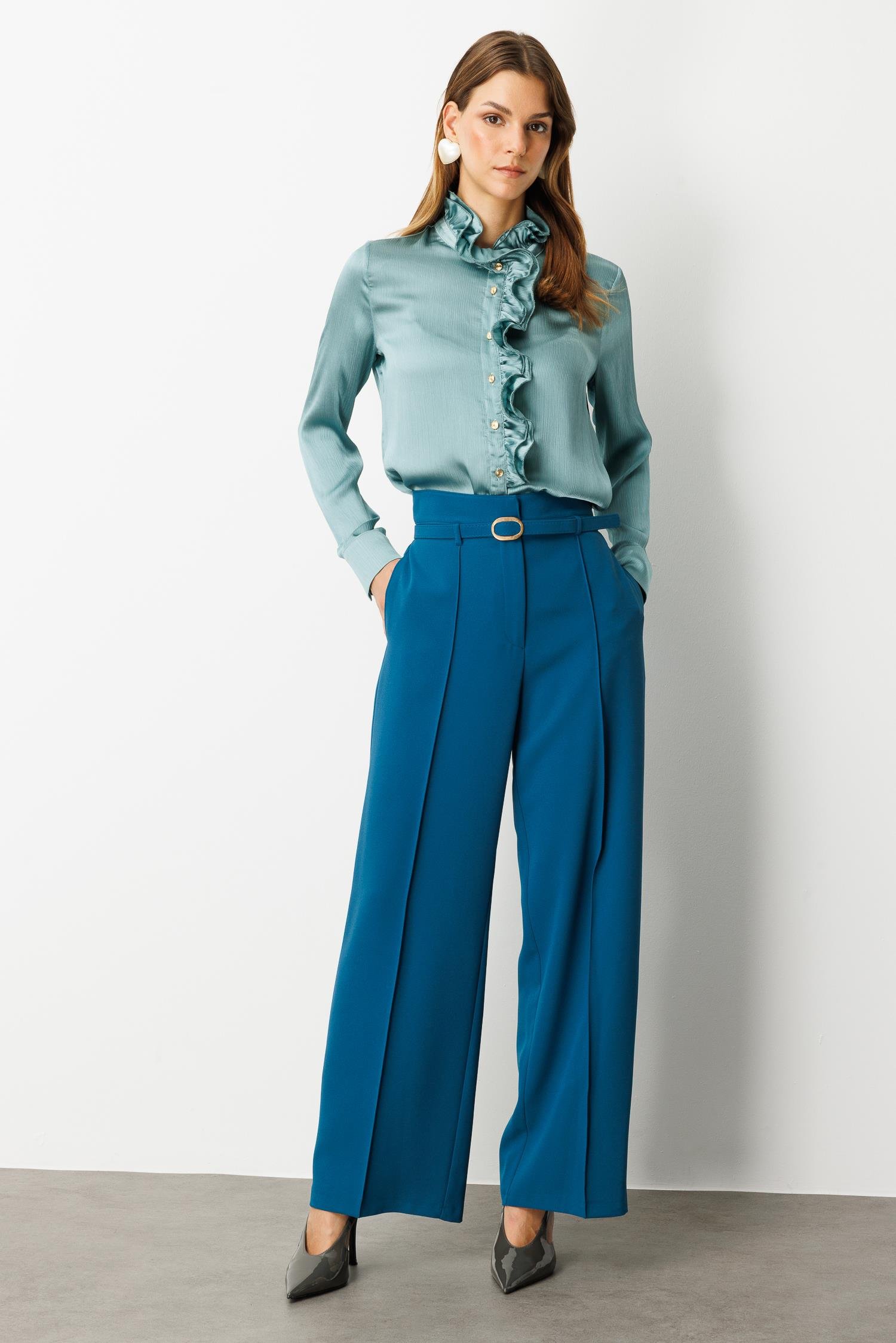 Yüksek Bel Kemer Detay Krep Pantolon-PETROL