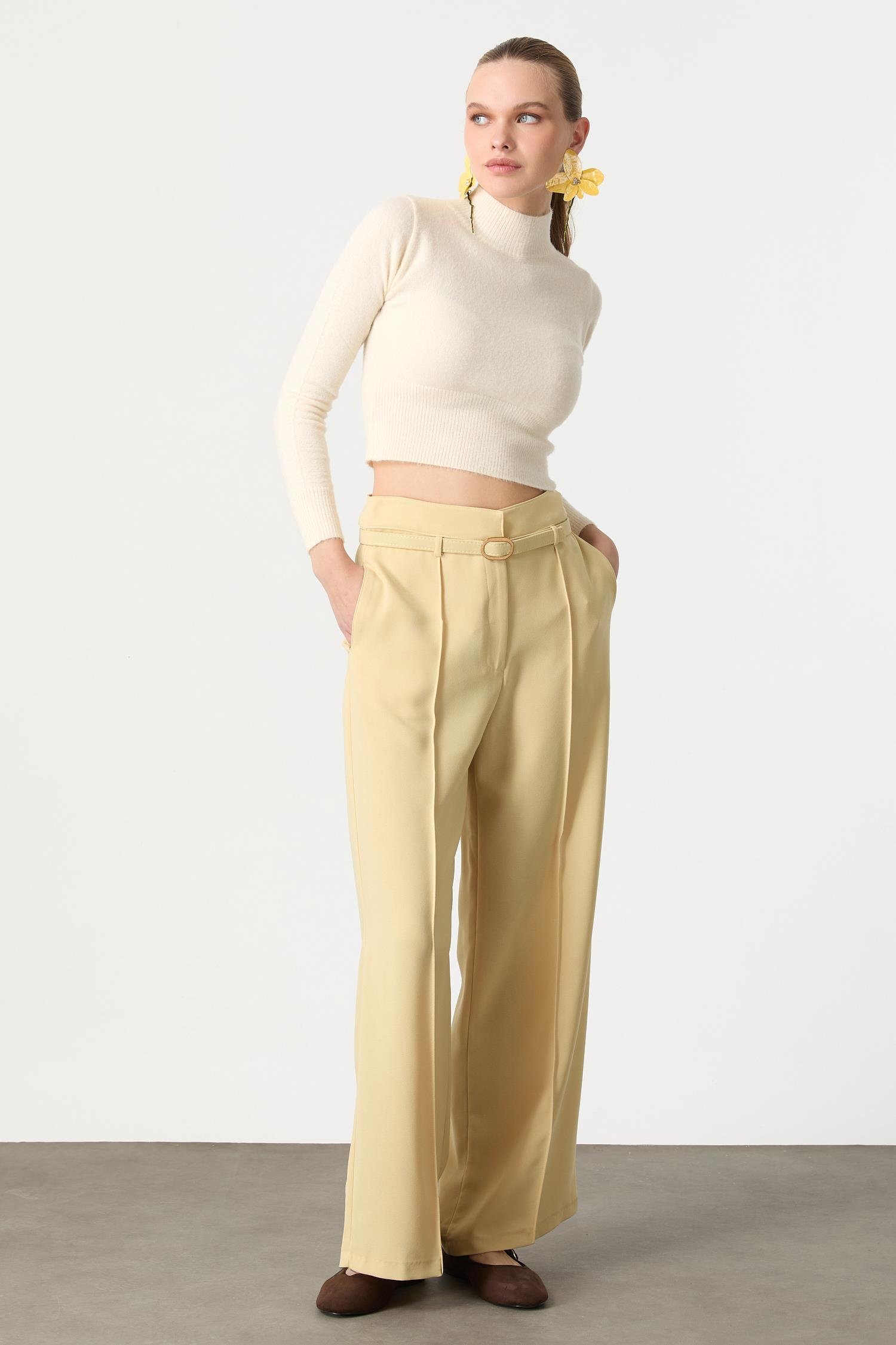 Yüksek Bel Kemer Detay Krep Pantolon-SARI