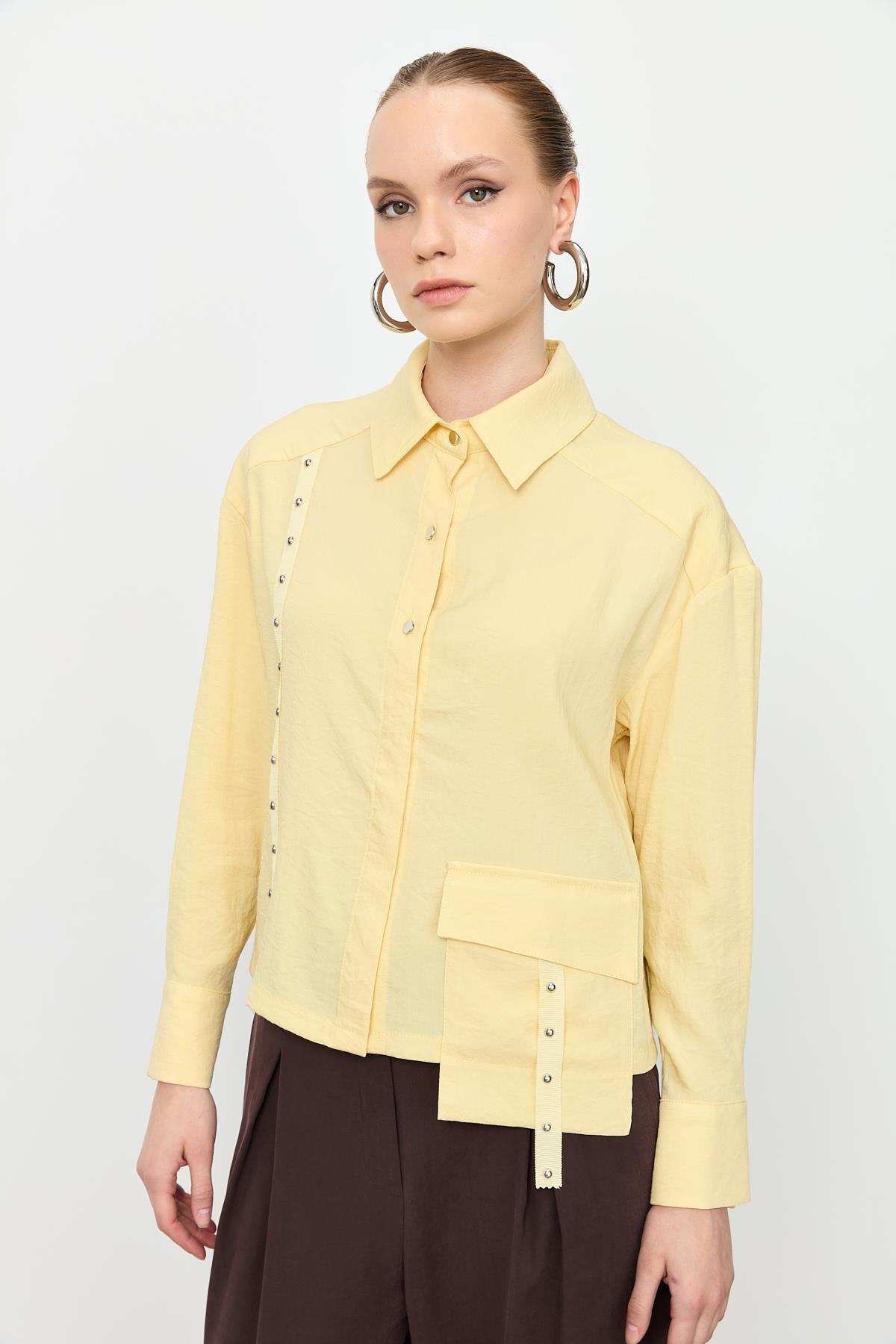 Zımba Şerit Detaylı Gömlek-SARI