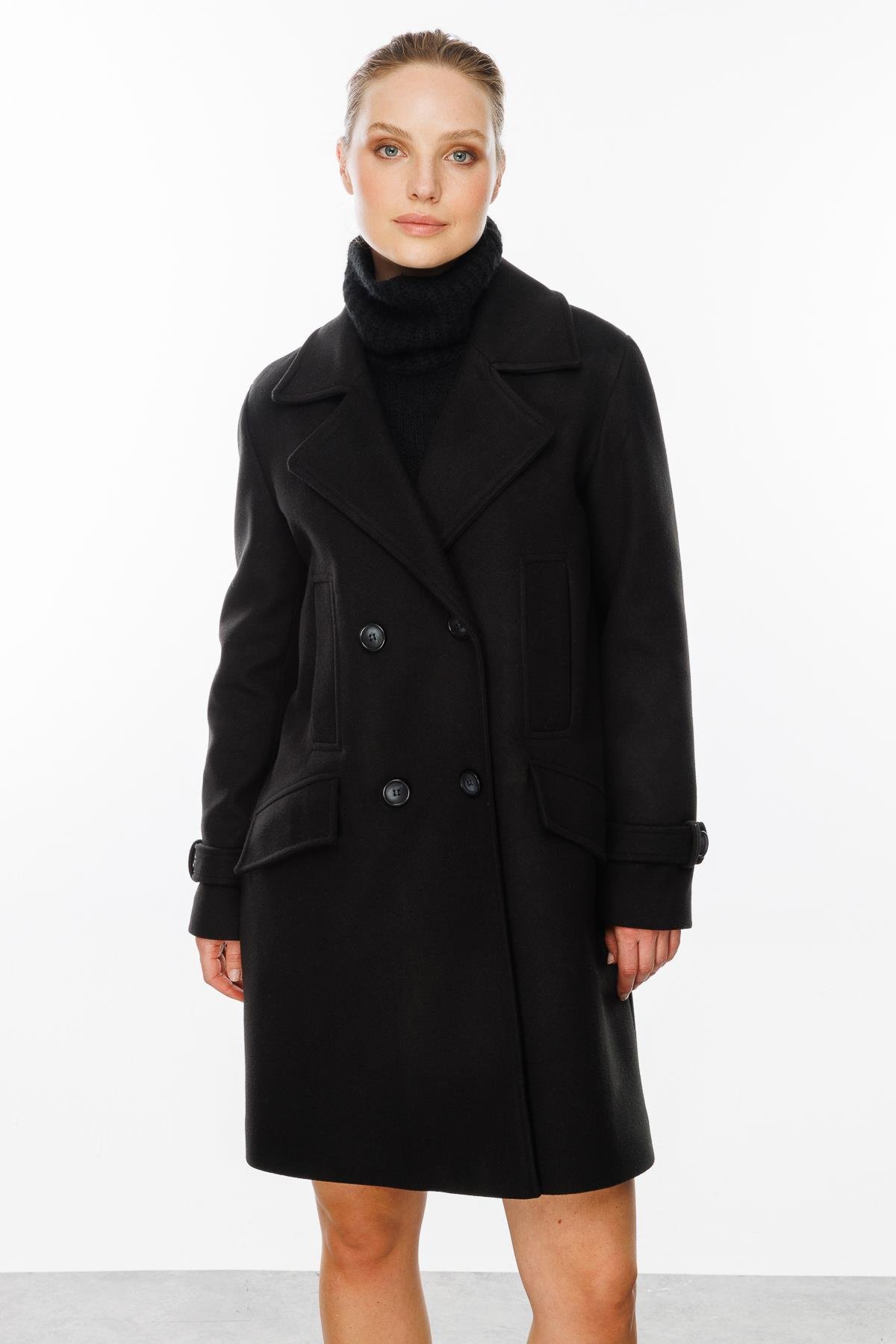 4 Cep Detaylı Kaşe Kaban-SİYAH