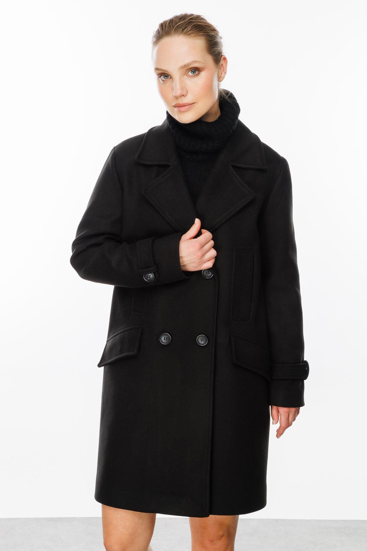 4 Cep Detaylı Kaşe Kaban-SİYAH