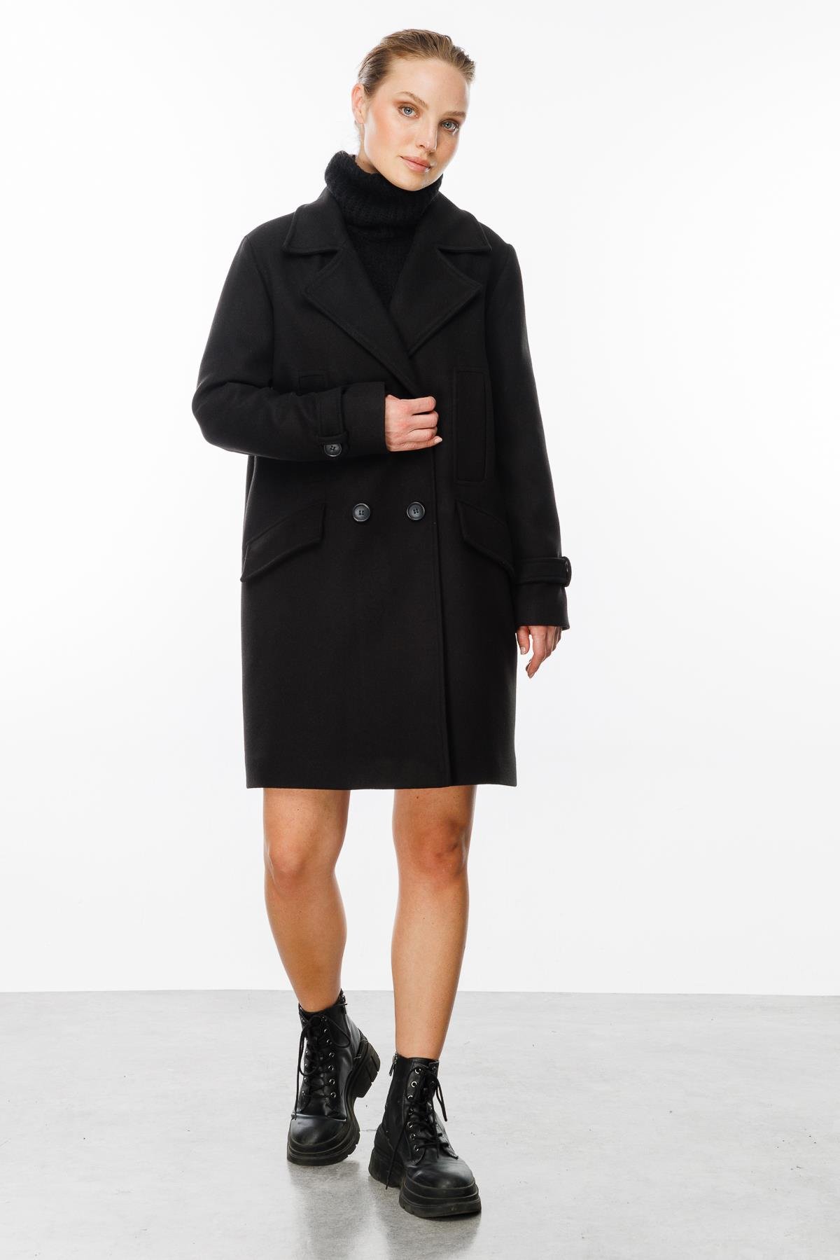 4 Cep Detaylı Kaşe Kaban-SİYAH